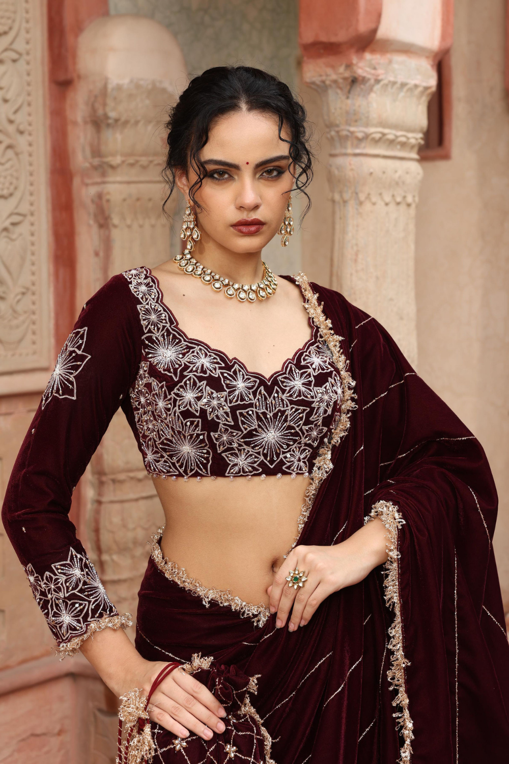 Wine Velvet Pre-Draped Sharara Saree with Sequin Blouse - Inaayat