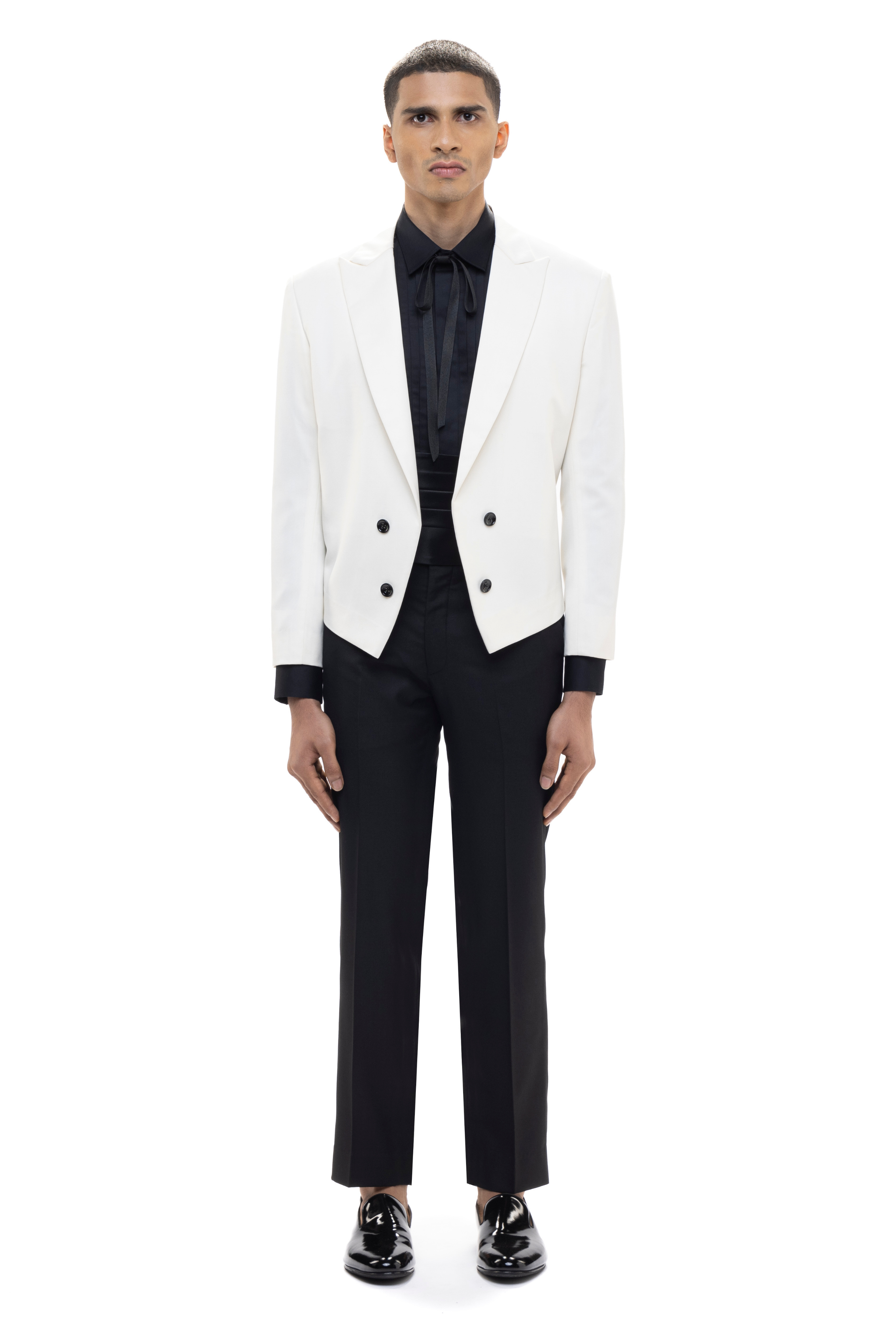 White Worsted Wool Peak Lapel Cropped Tuxedo Set