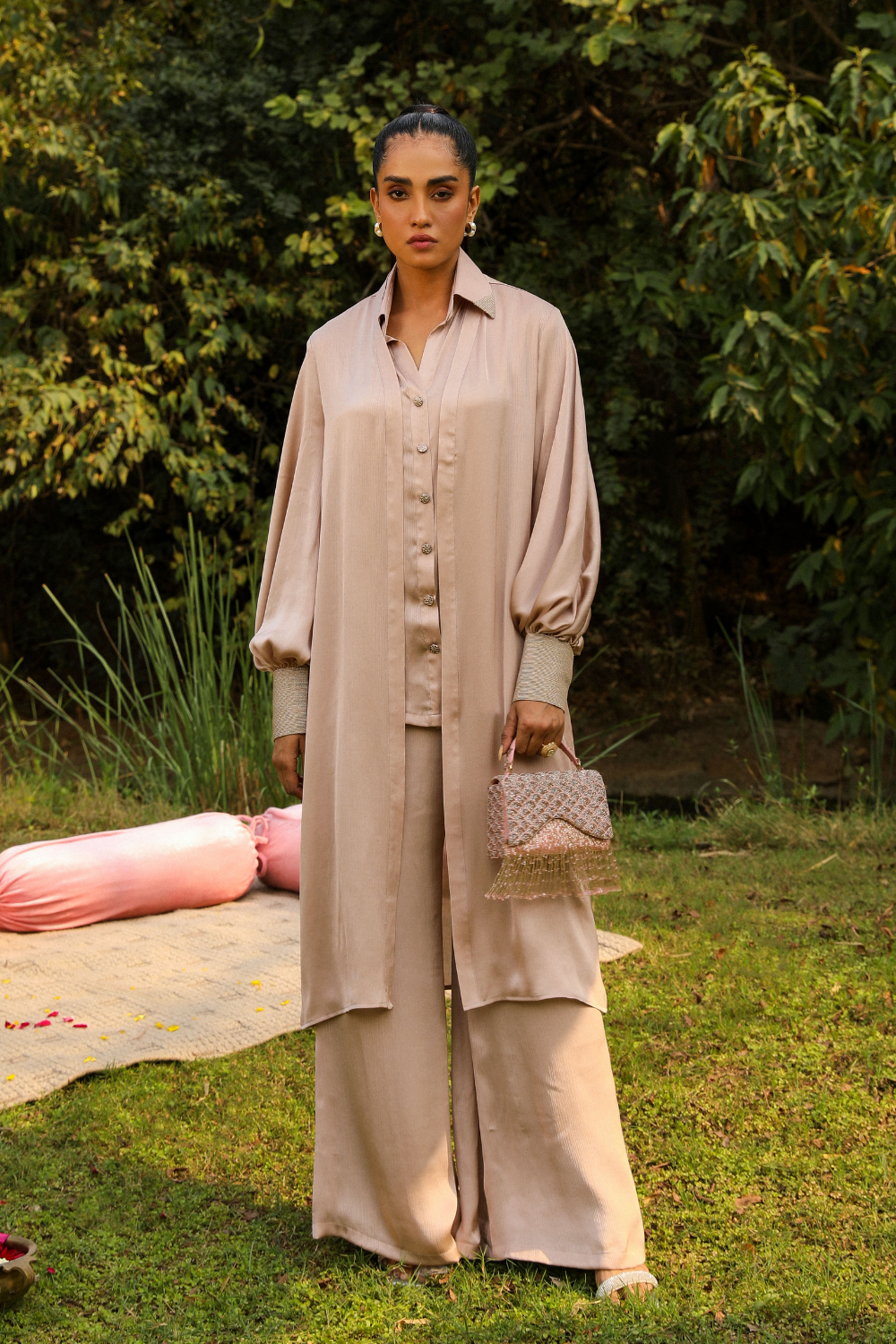 Kajal Beige Chiffon Co-ord Set with Long Shrug | Luxury Fusion Wear