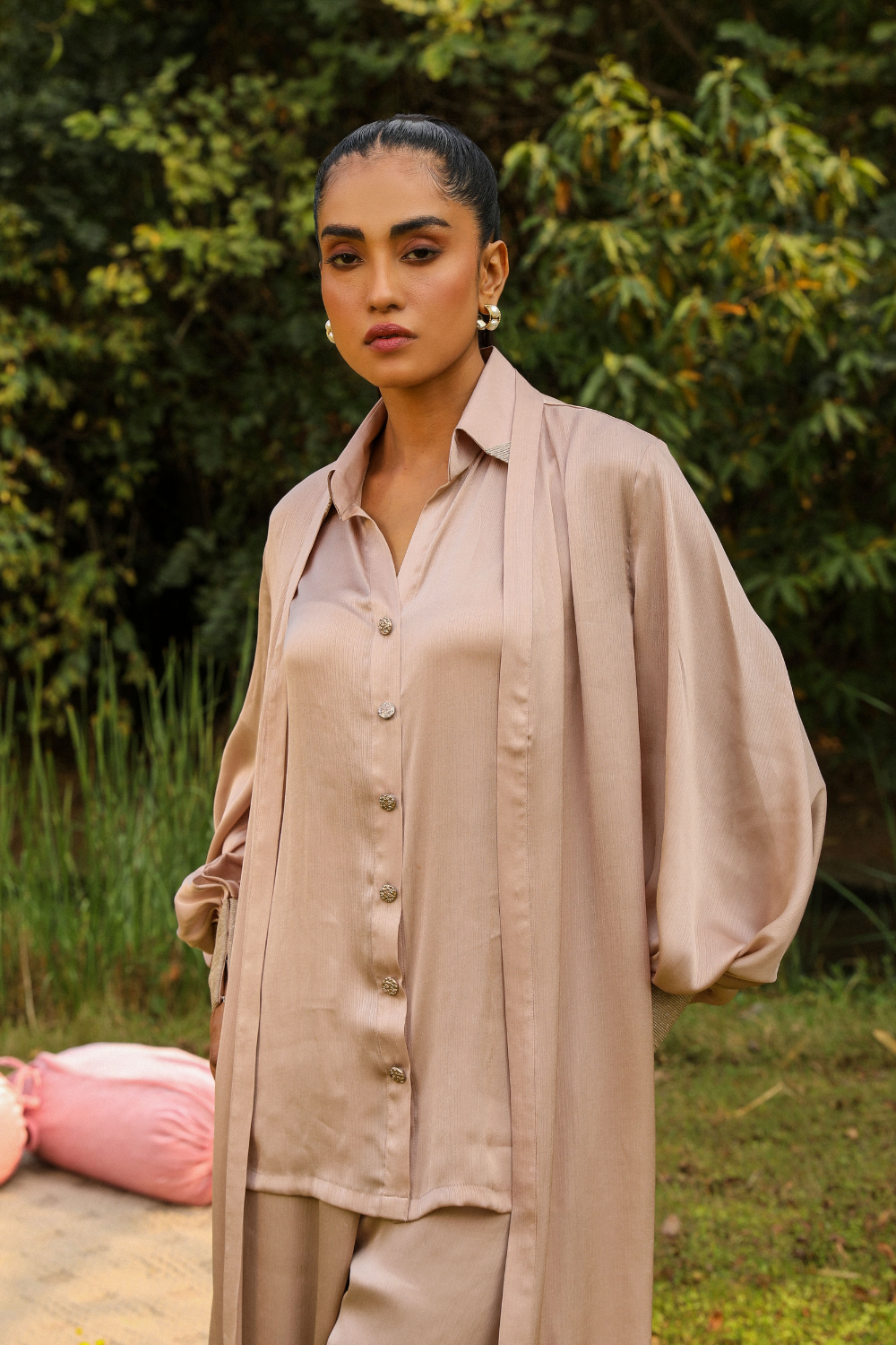 Kajal Beige Chiffon Co-ord Set with Long Shrug | Luxury Fusion Wear