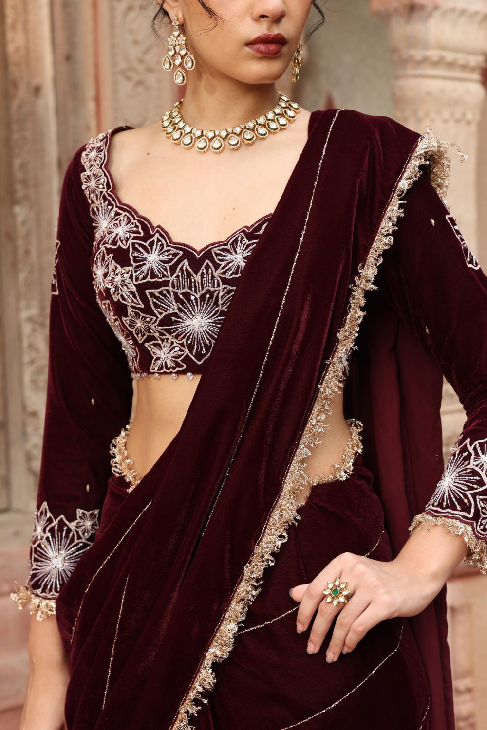 Sequins Embellished Wine Velvet Pre-Draped Sharara Saree