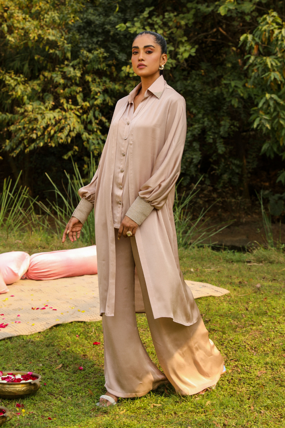 Kajal Beige Chiffon Co-ord Set with Long Shrug | Luxury Fusion Wear