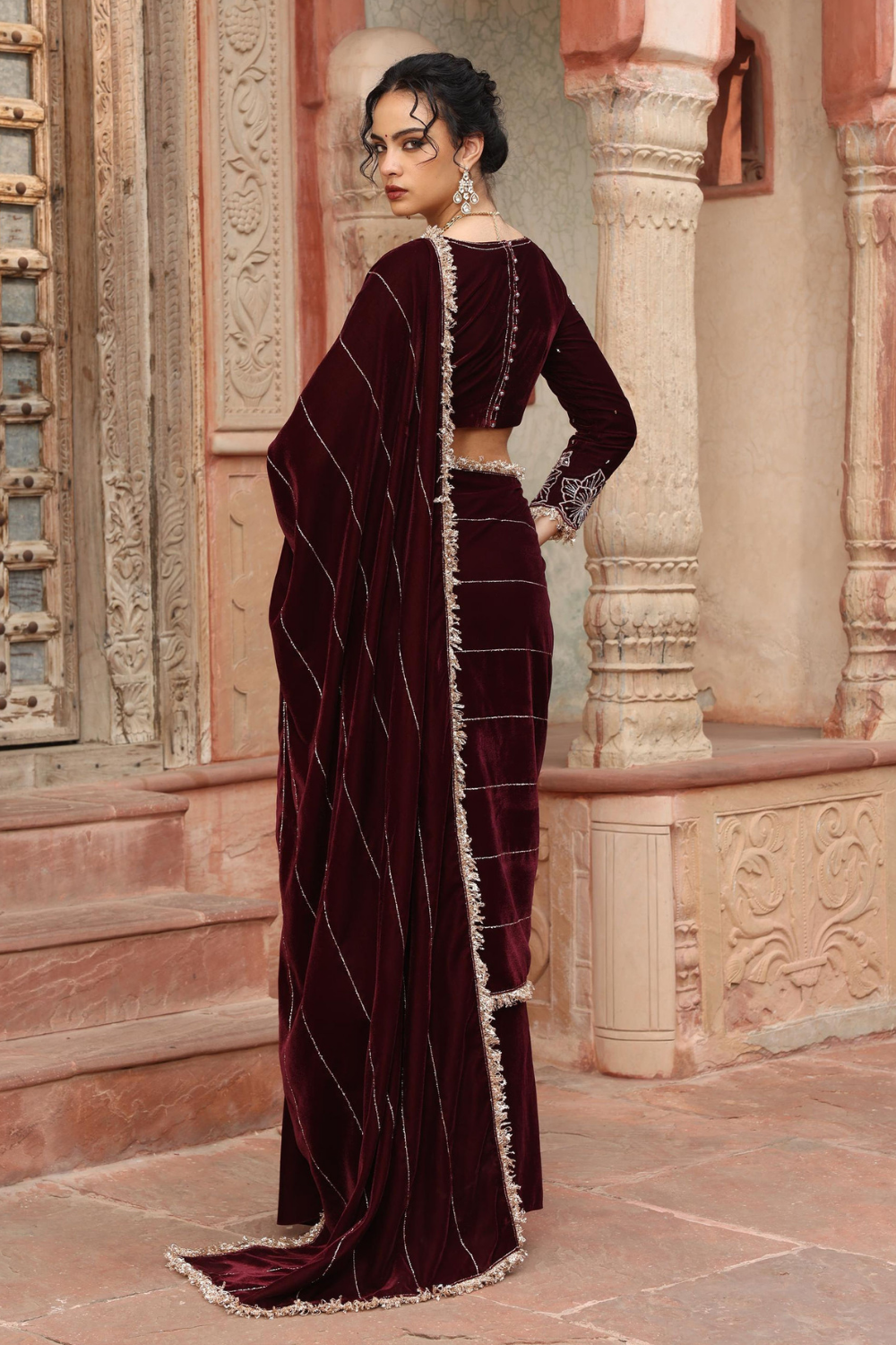 Wine Velvet Pre-Draped Sharara Saree with Sequin Blouse - Inaayat