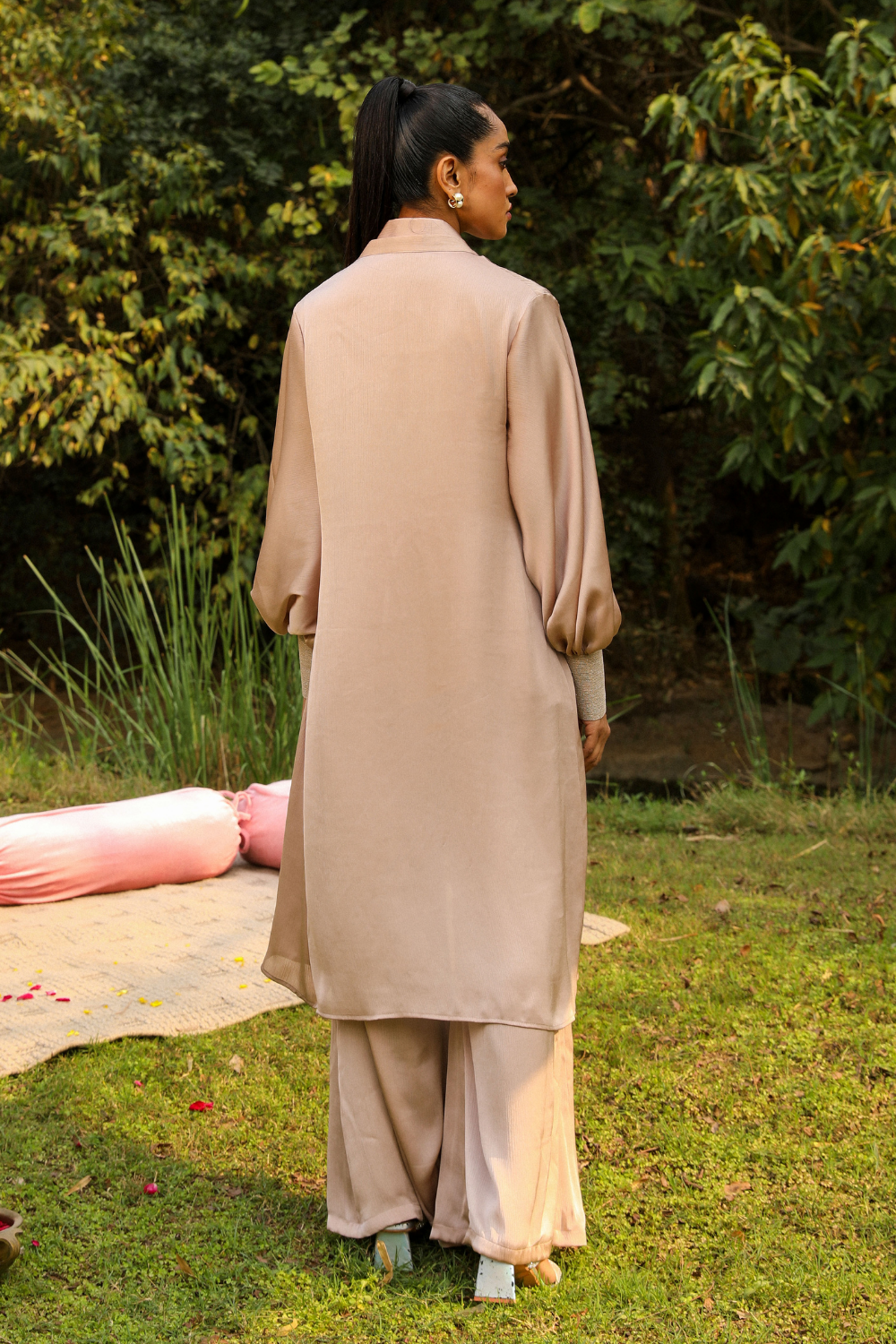 Kajal Beige Chiffon Co-ord Set with Long Shrug | Luxury Fusion Wear
