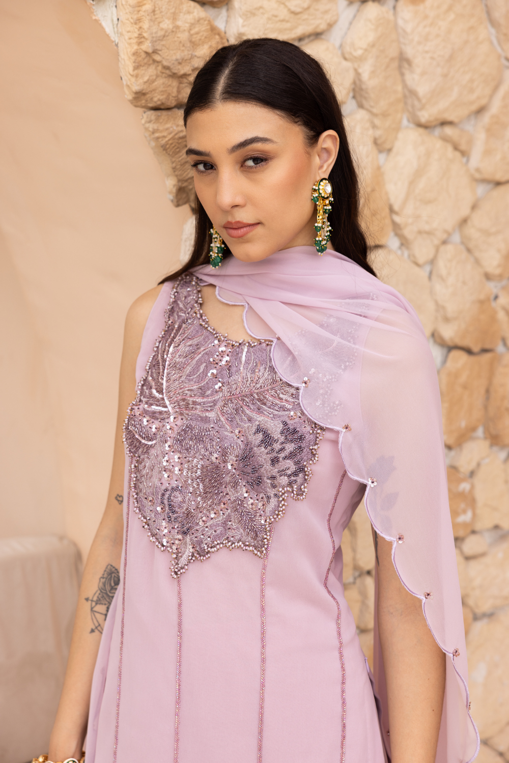 Shama Lilac Peplum Short Kurta with Flared Sharara Set