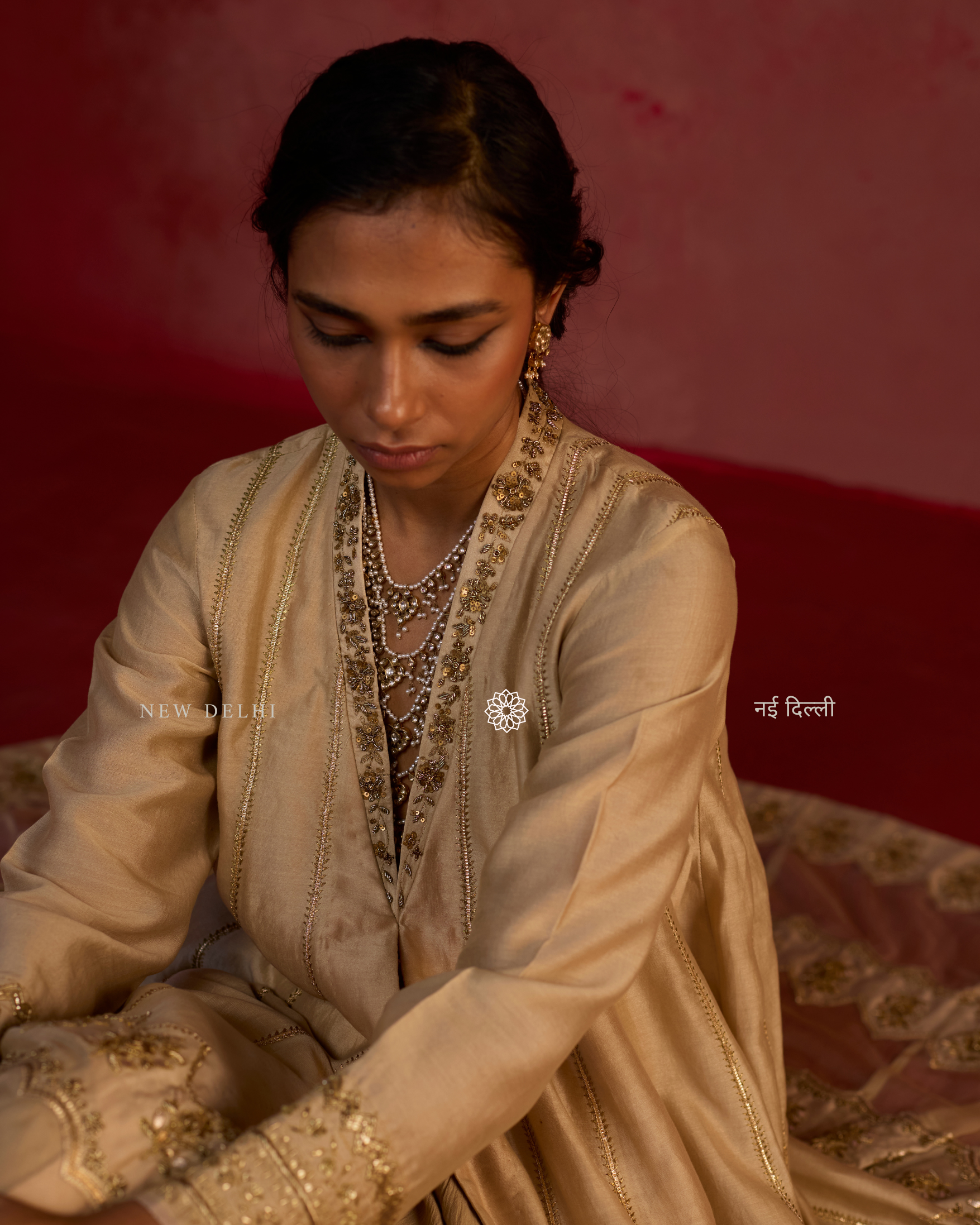 Arshia | Almond Chanderi Anarkali Set with Sharara