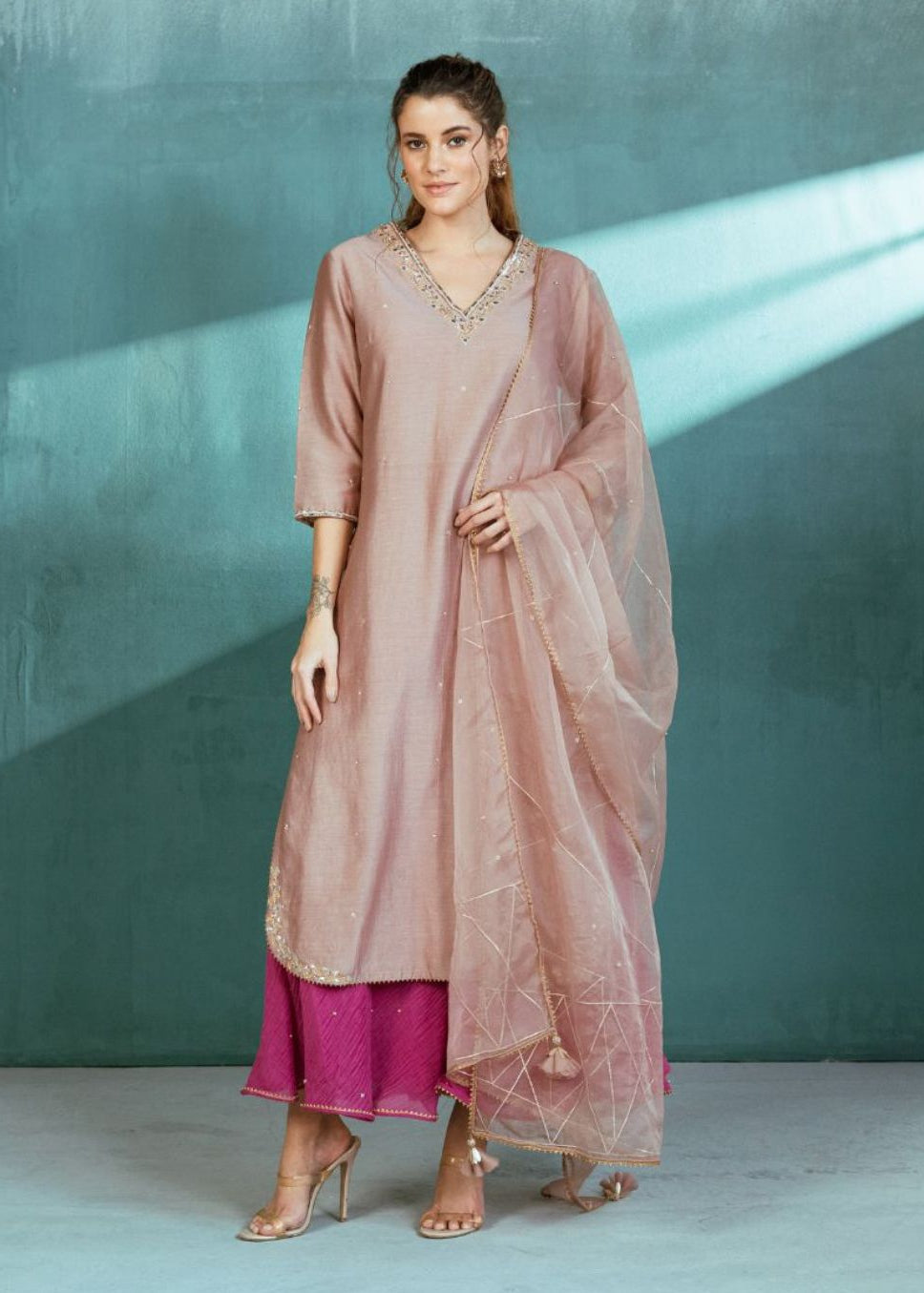 Rosy Chanderi Kurta Sharara Set