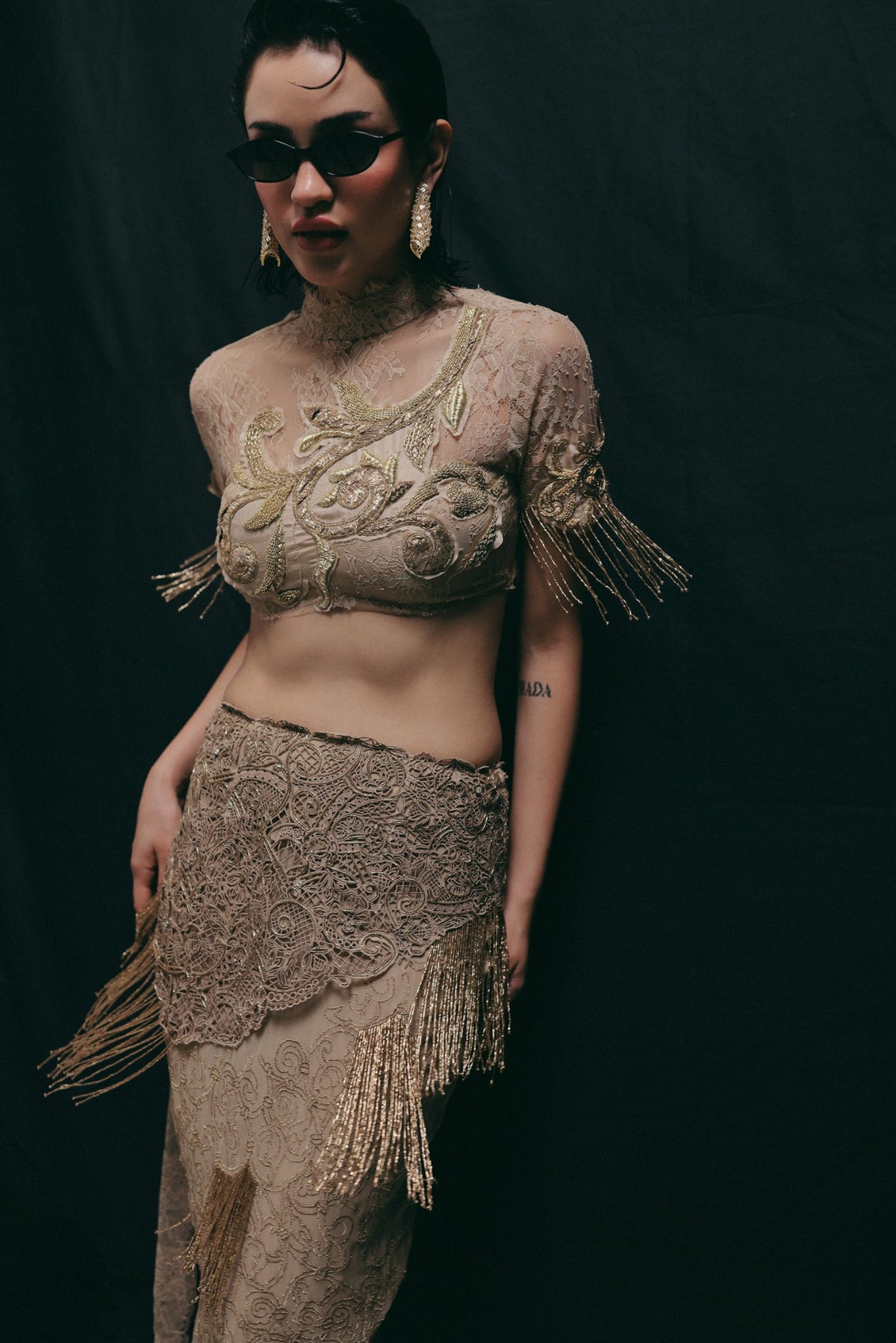 Filigree & Zardosi Embroidery, French Lace & Silk Georgette, Skirt Set, Structured Blouse Silhouette