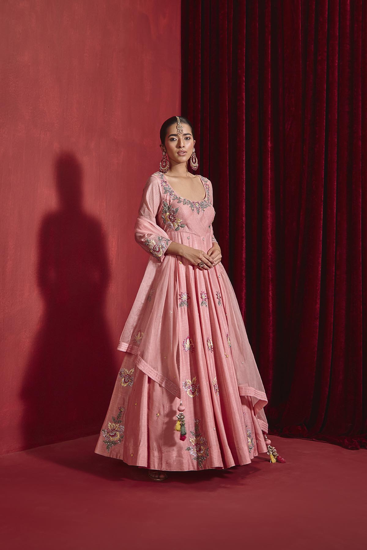 Rose Pink Embroidered Dupion Silk Anarkali Set with Organza Dupatta