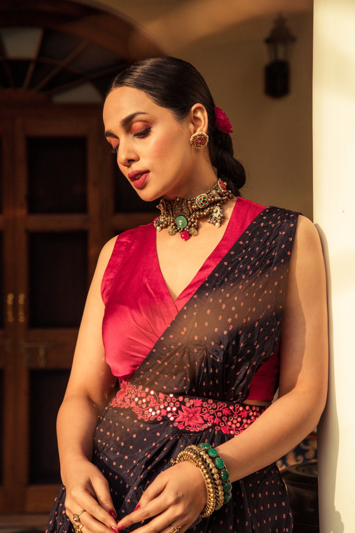 Black red bandhni drape saree