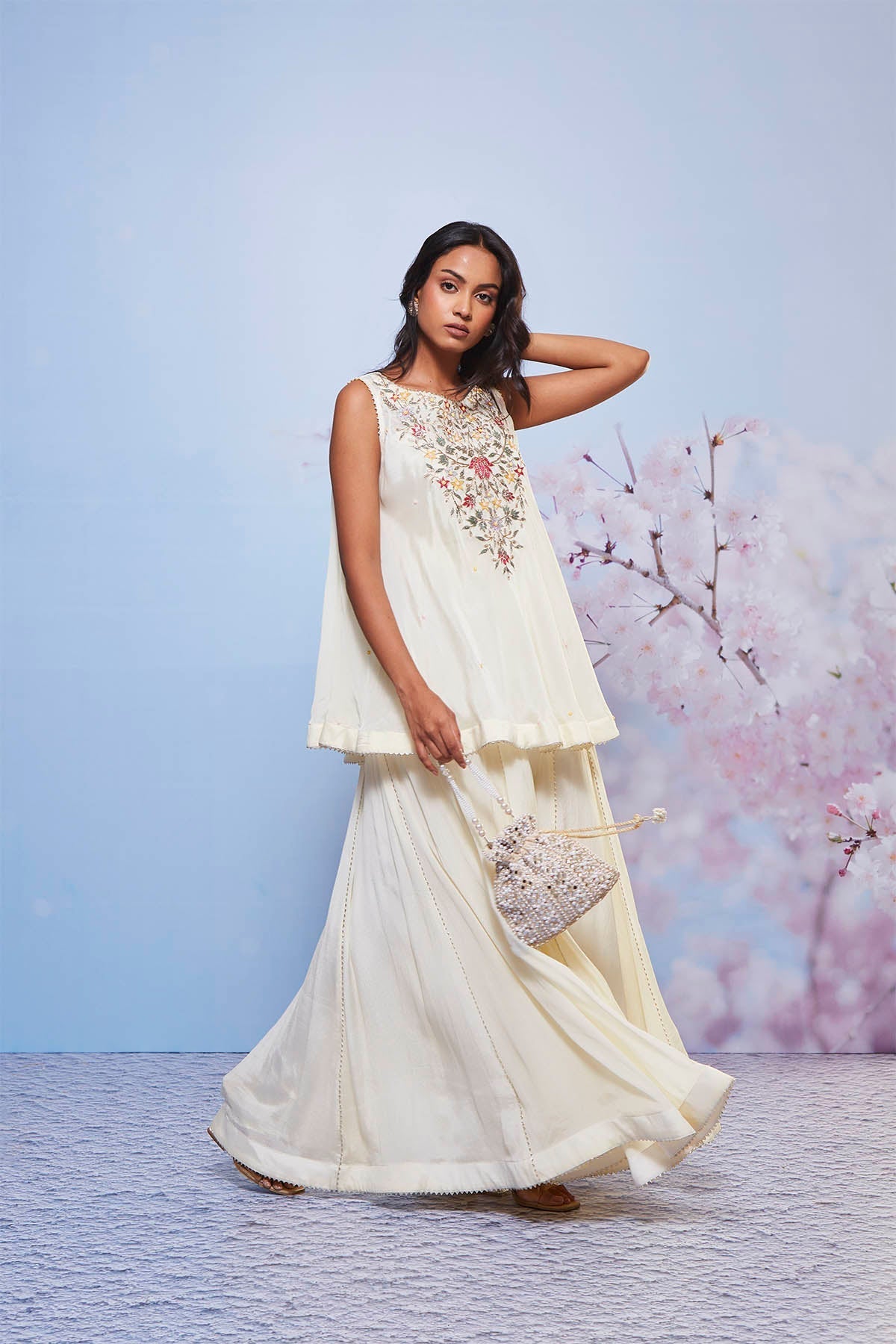 Ivory Chiffon A-Line Kurta with Gota Sharara and Bustier Set