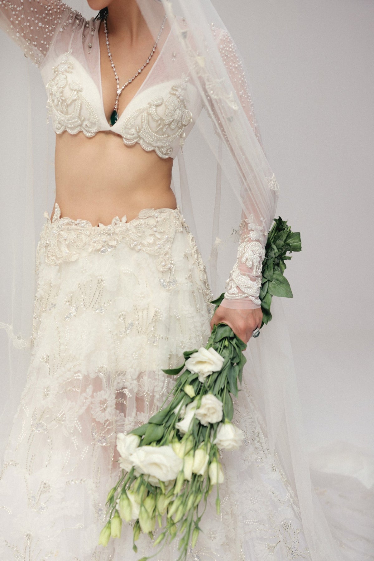 Pearl & Zardosi Embroidery, Tulle & French Lace with Silk, Skirt Set, Full Sleeve Blouse Silhouette