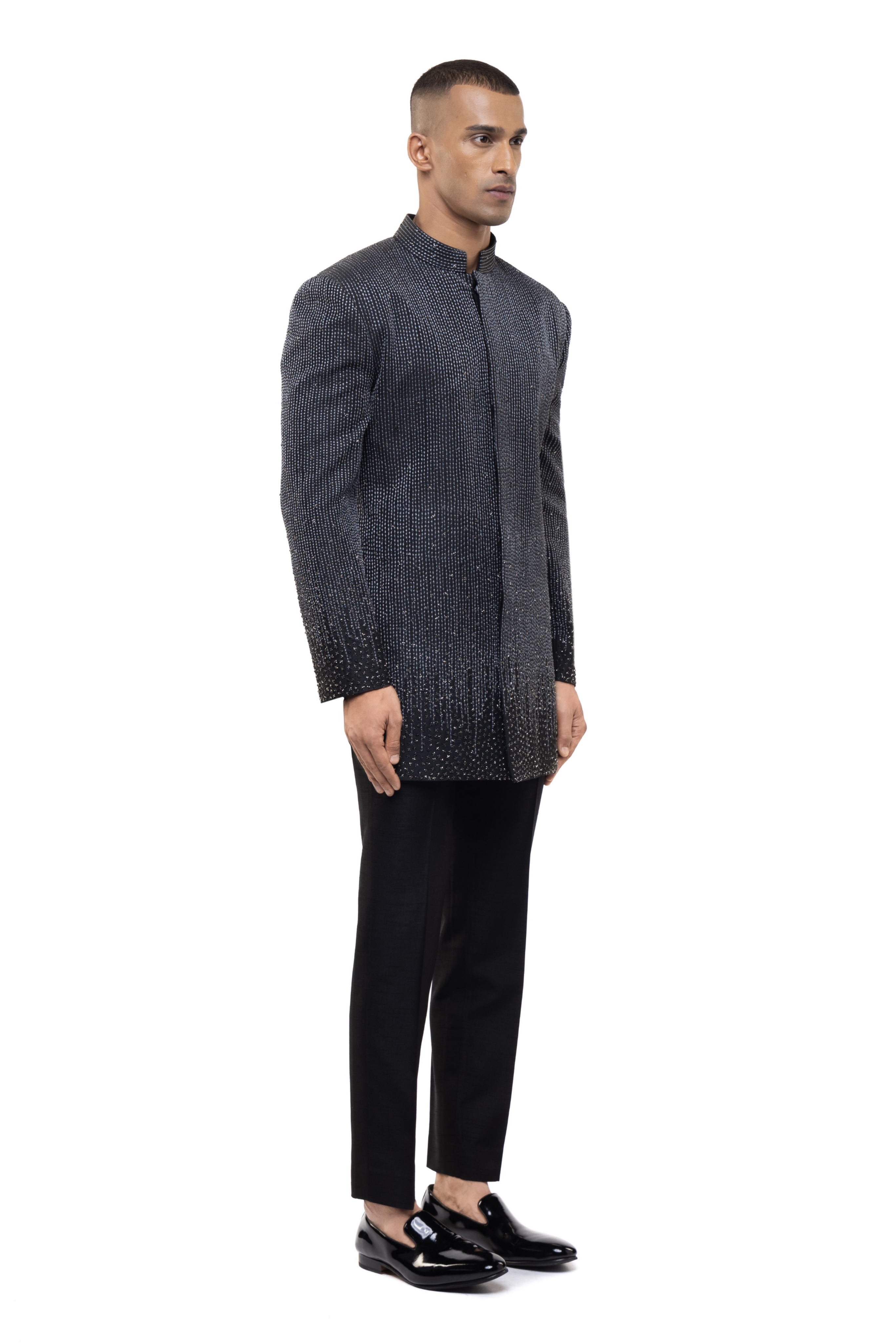 Black Silk Metallic Embellishment Bandhgala Set