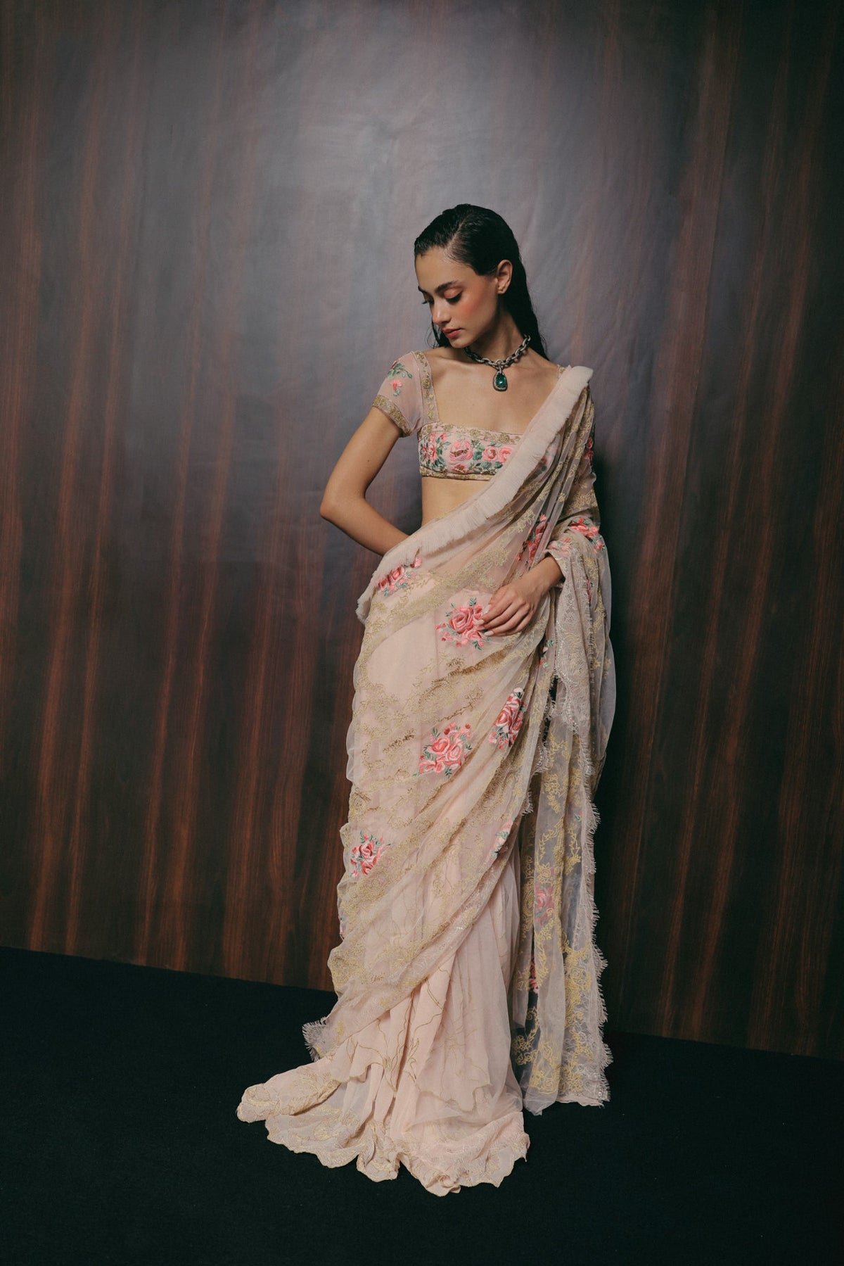 Floral & Zardosi Embroidery, Silk Georgette & Tulle with French Lace, Stitched Saree Set, Blouse Silhouette