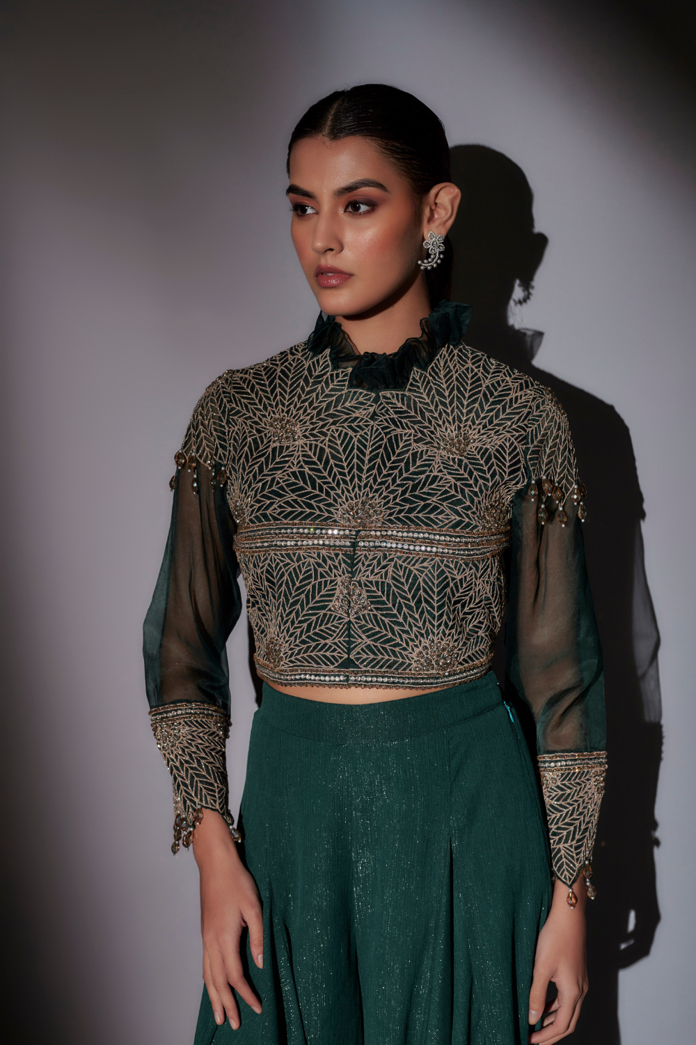 Green June Jacket Set with Embroidered Organza Sharara