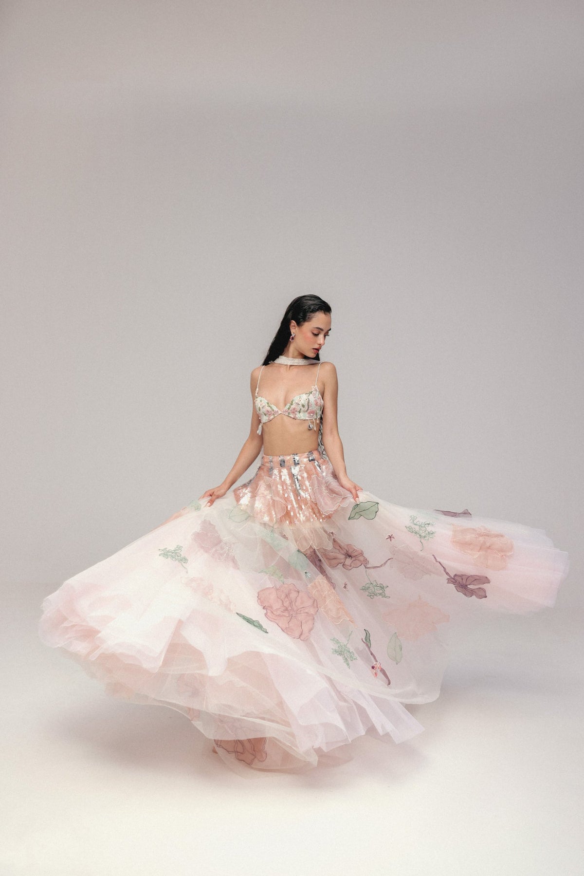 Beaded & Sequin Embroidery, Silk & Soft Tulle with French Lace, Skirt Set, Bralette Silhouette
