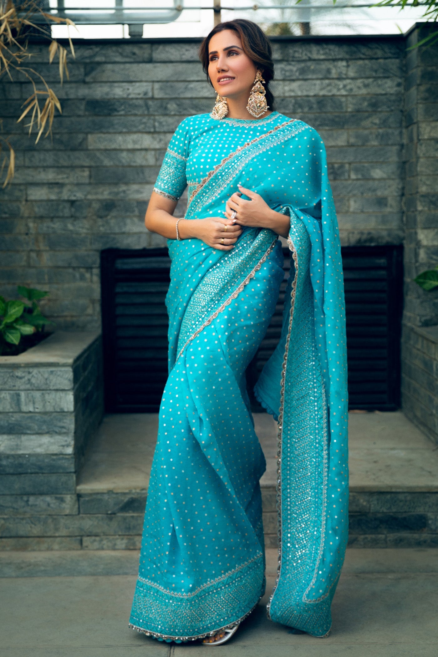 Hand-Embroidered Sea-Blue Pure Silk-Organza Saree-Blouse Set