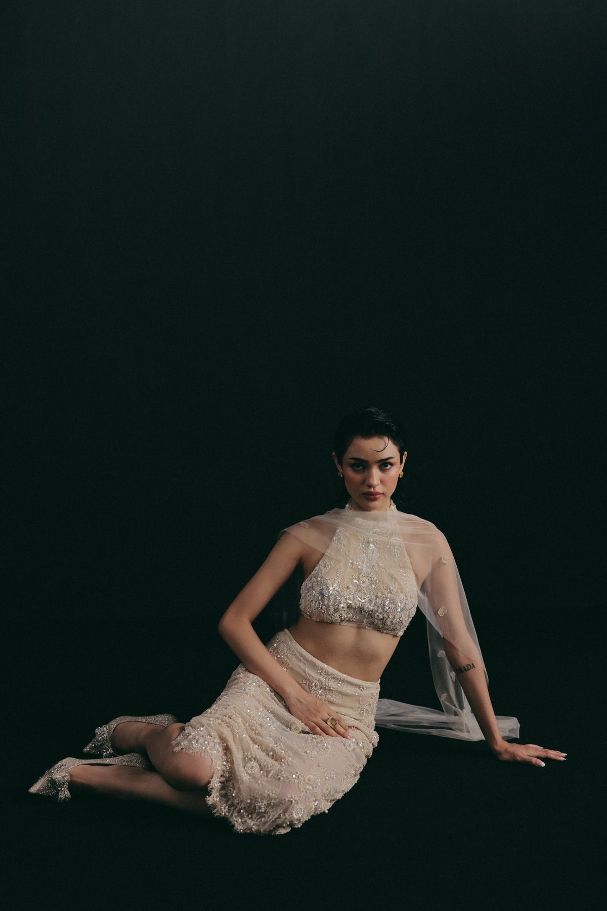 Oyster, Bugle Bead Embroidery, Vintage Lace & Tulle, Crop Skirt Set, Tea-Length Silhouette