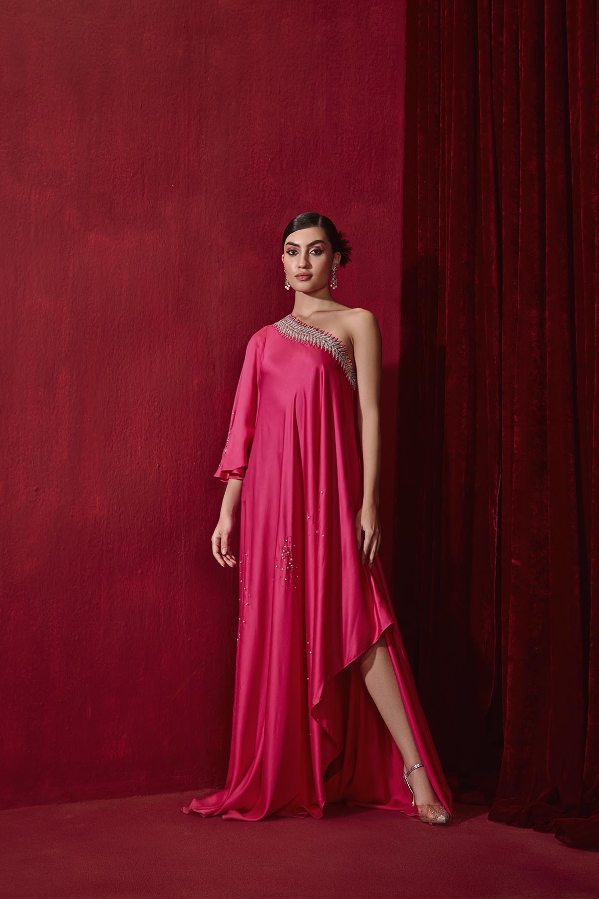 Rani Pink Modal Silk Asymmetrical Dress with 3D Embroidery