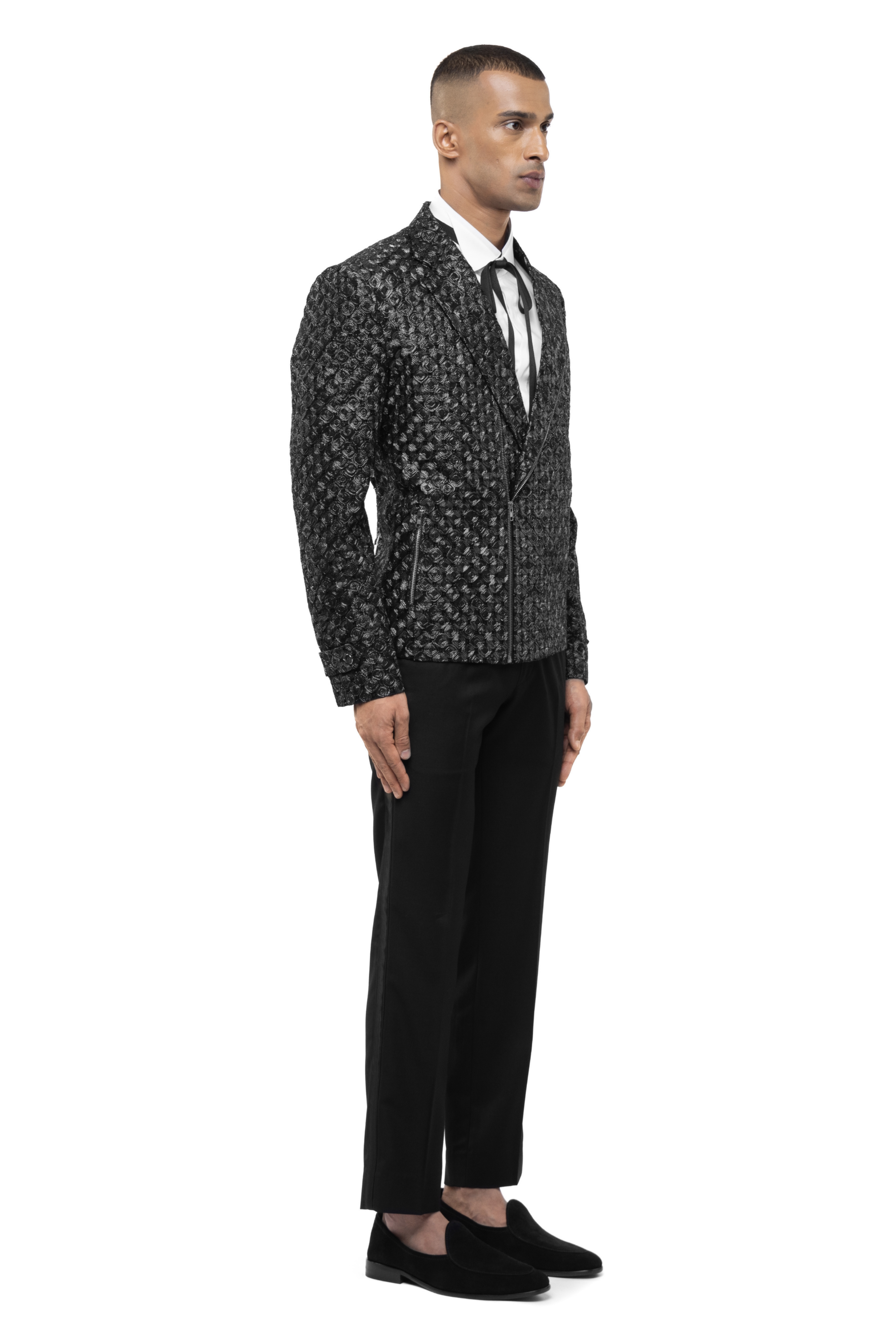 Black Silk Hand Embroidered Biker Jacket