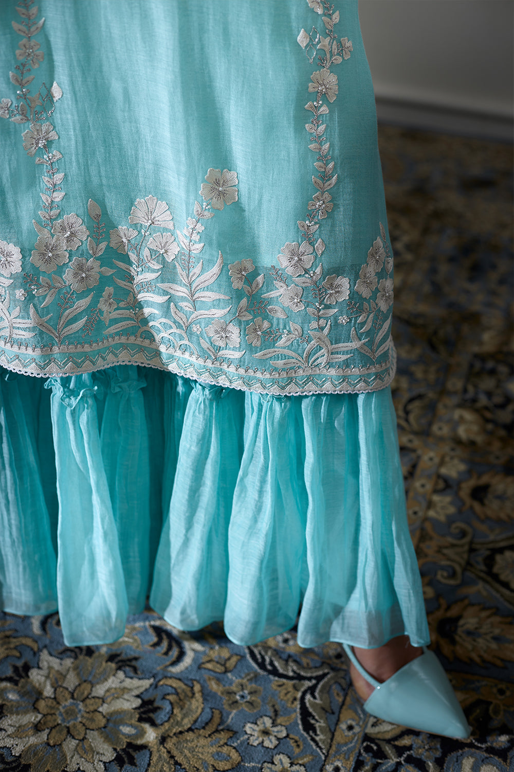 Aqua Embroidered Kurta With Sharara