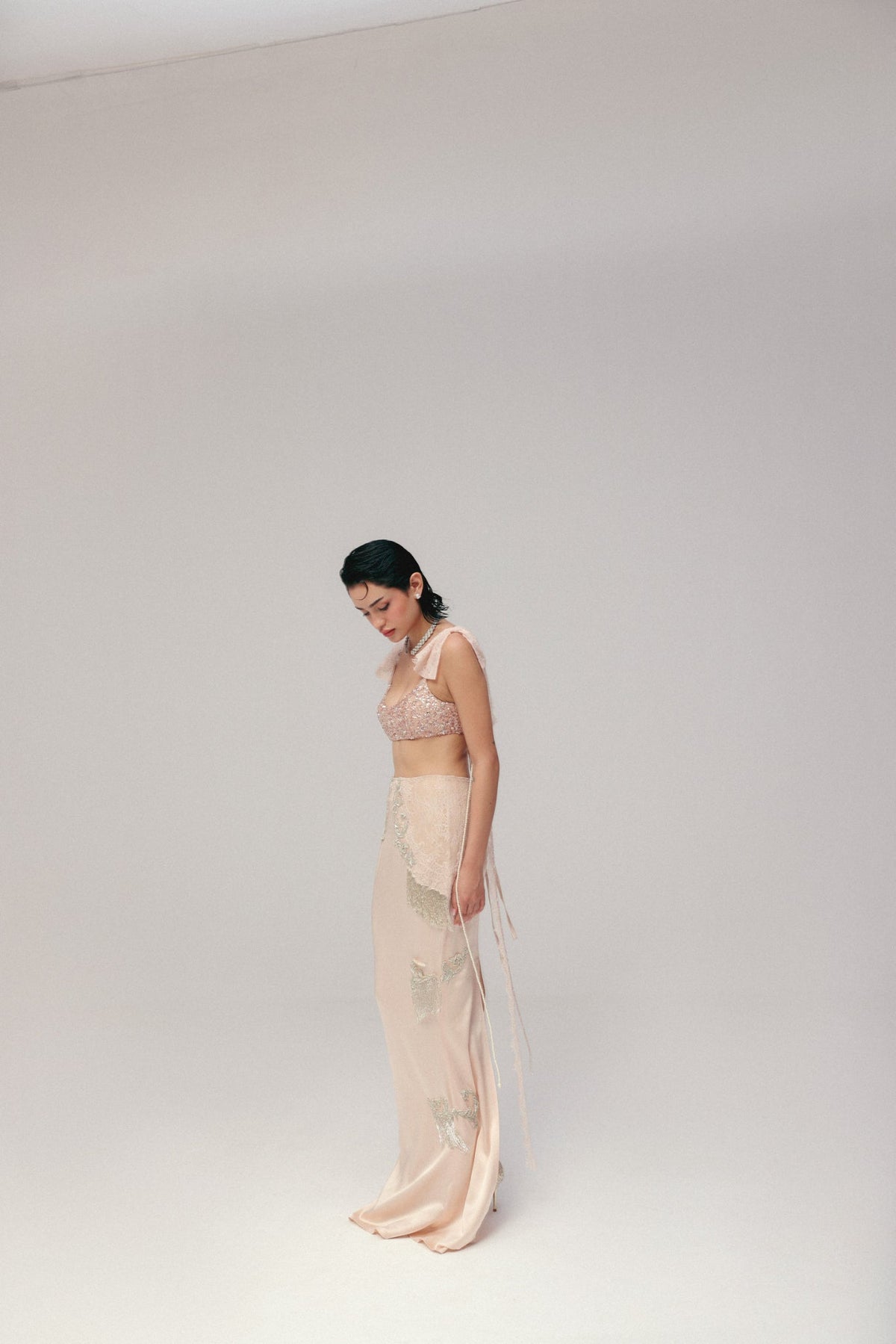 Sequin & Bugle Bead Embroidery, Silk Satin & French Lace, Skirt Set, Blouse Silhouette