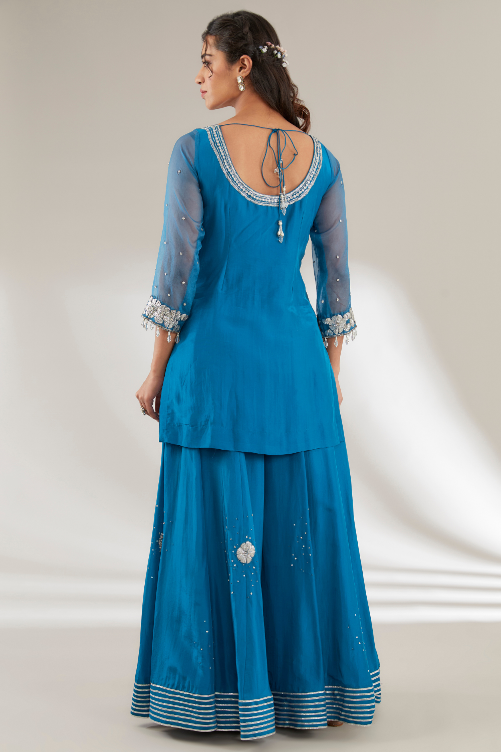 Amaya Blue Upada Silk Sharara Set with Crystal Jaal Embroidery