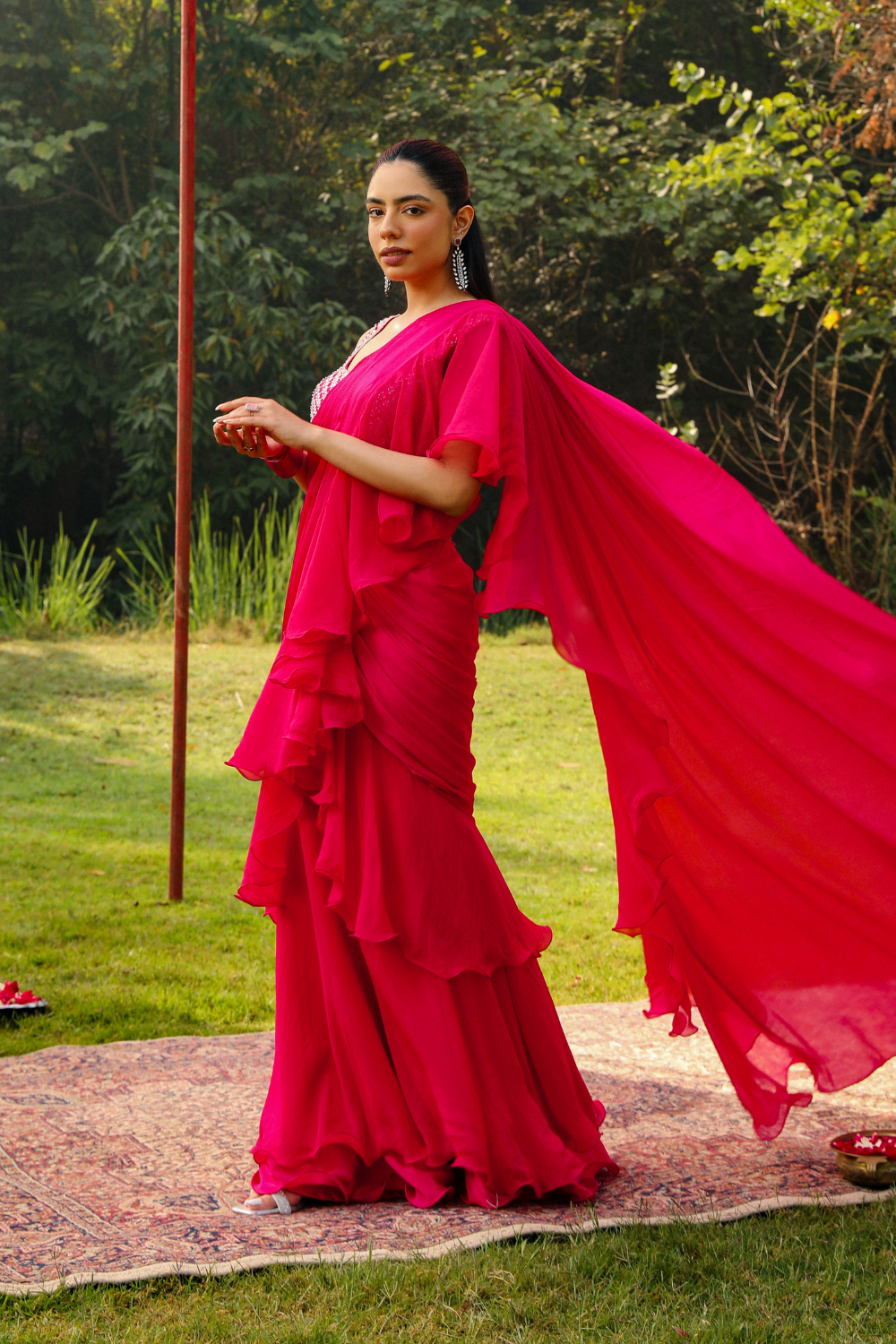 Sitaraa Rani Pink Pre-Draped Saree with Crystal Jaal Blouse