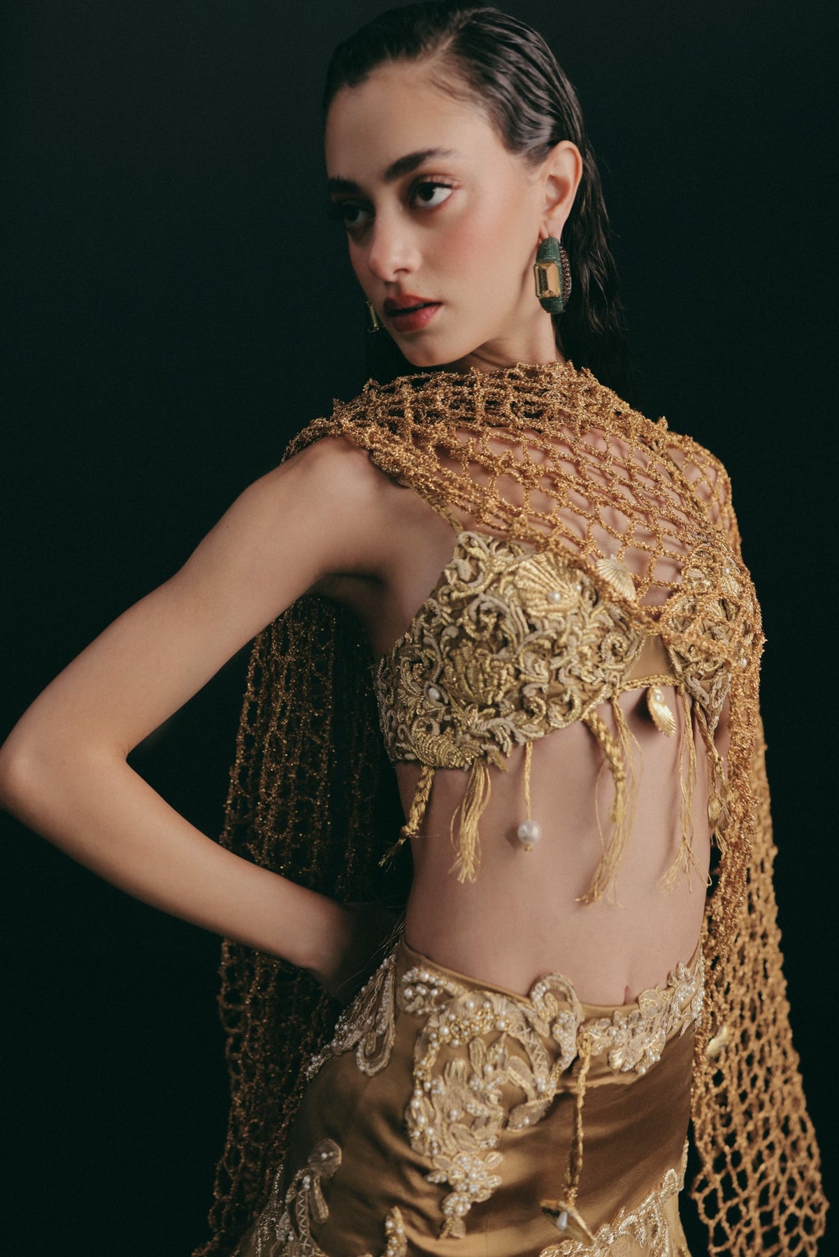 Zardosi & Cutwork Embroidery, Silk & Tulle with Crochet Detailing, Skirt Set, Bralette Silhouette