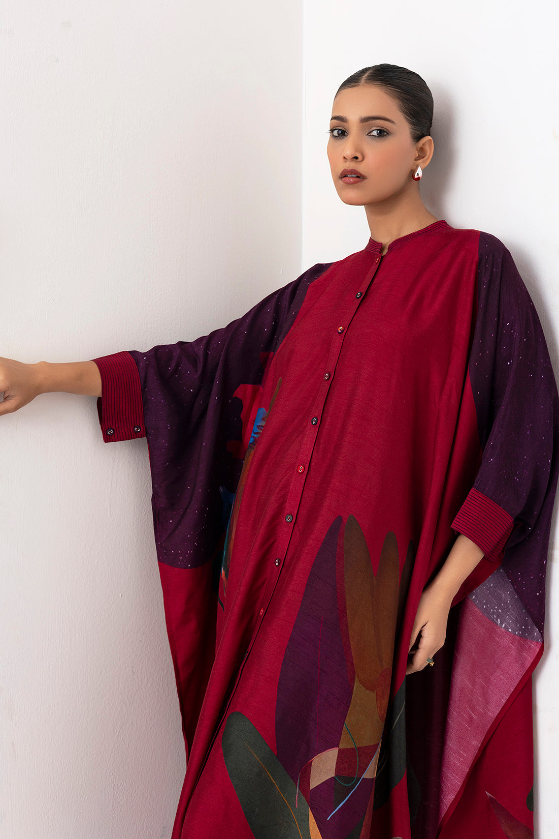 Red Viscose Dupion Printed Kaftaan Style Dress (1 PC)