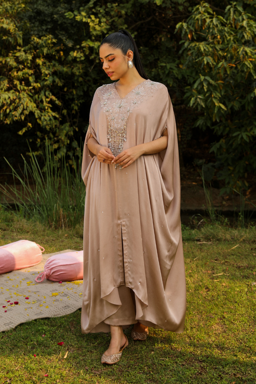 Elegant Beige Chiffon Arabic Kaftan Set with Crystal Strings