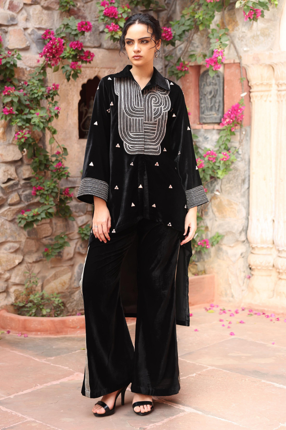 Exquisite Black Velvet Co-ord Set with Abstract Dori Embroidery