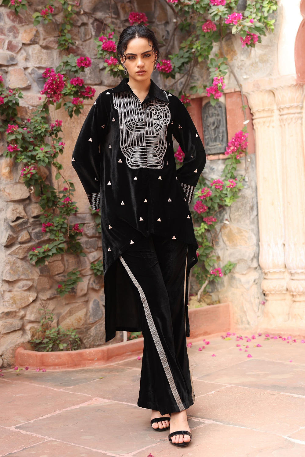 Exquisite Black Velvet Co-ord Set with Abstract Dori Embroidery