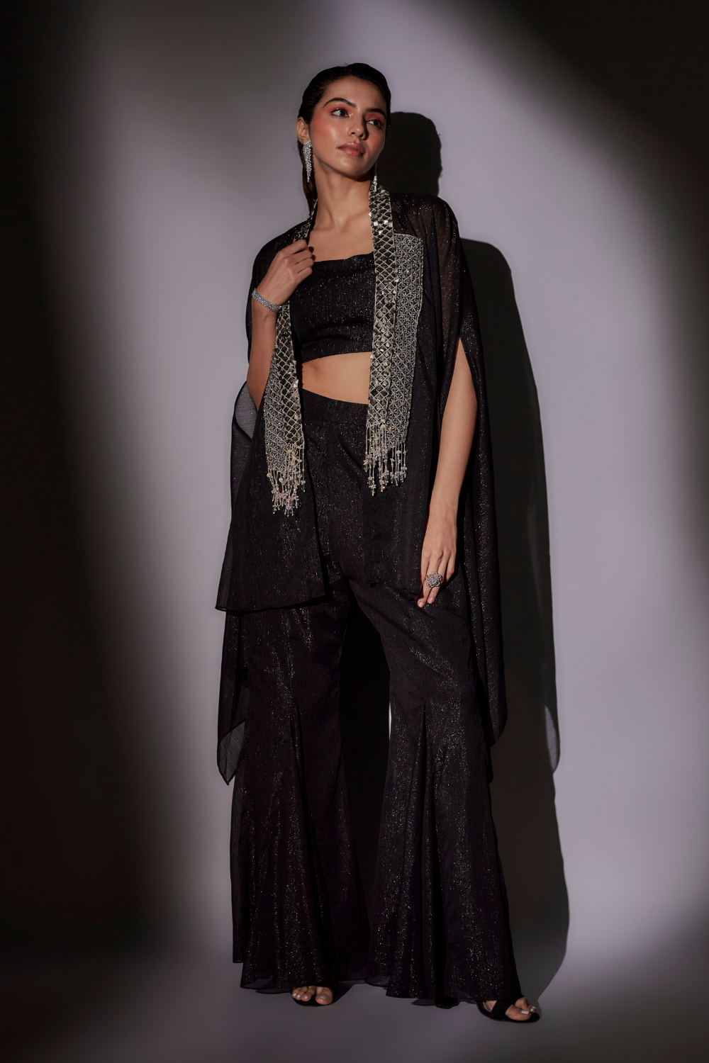 Black Check Embroidered Cape Set with Lurex Bustier & Flared Sharara