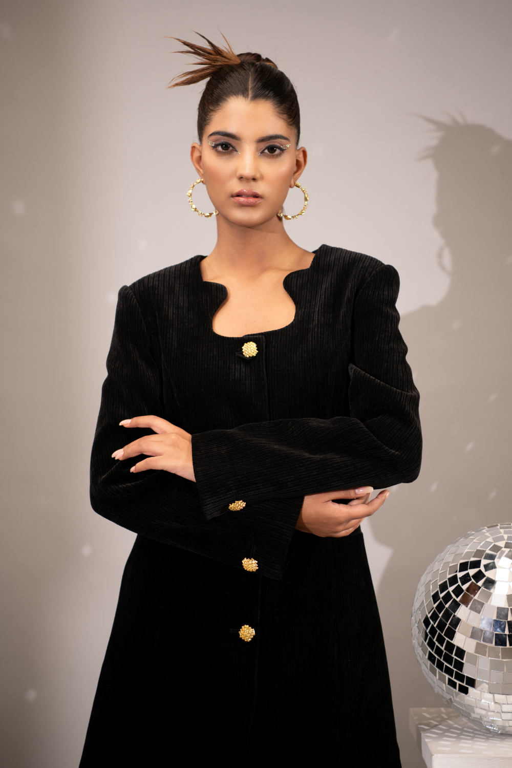 Evelyn Black Silk Shimmer Velvet Dress with Silver Buttons
