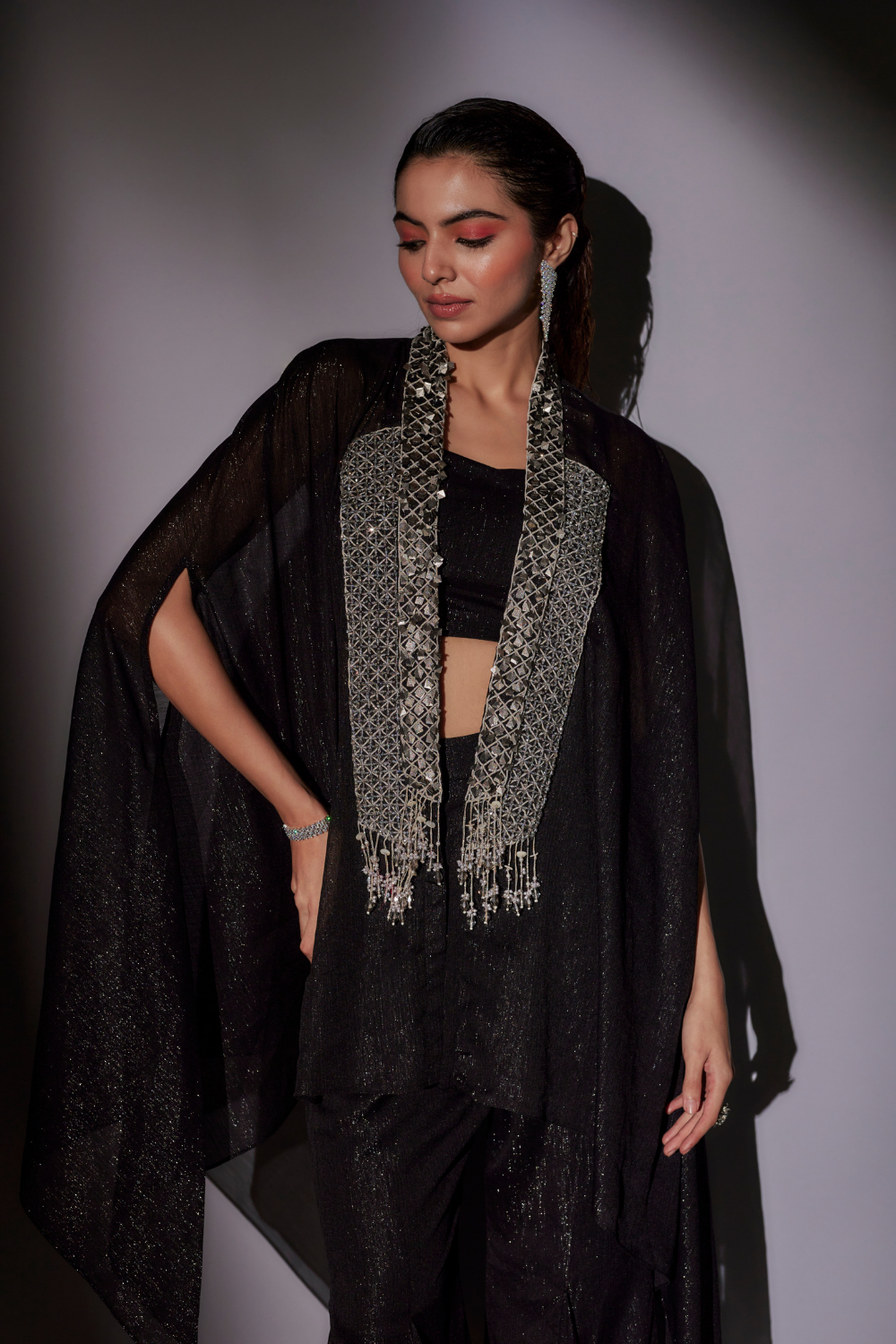Black Check Embroidered Cape Set with Lurex Bustier & Flared Sharara