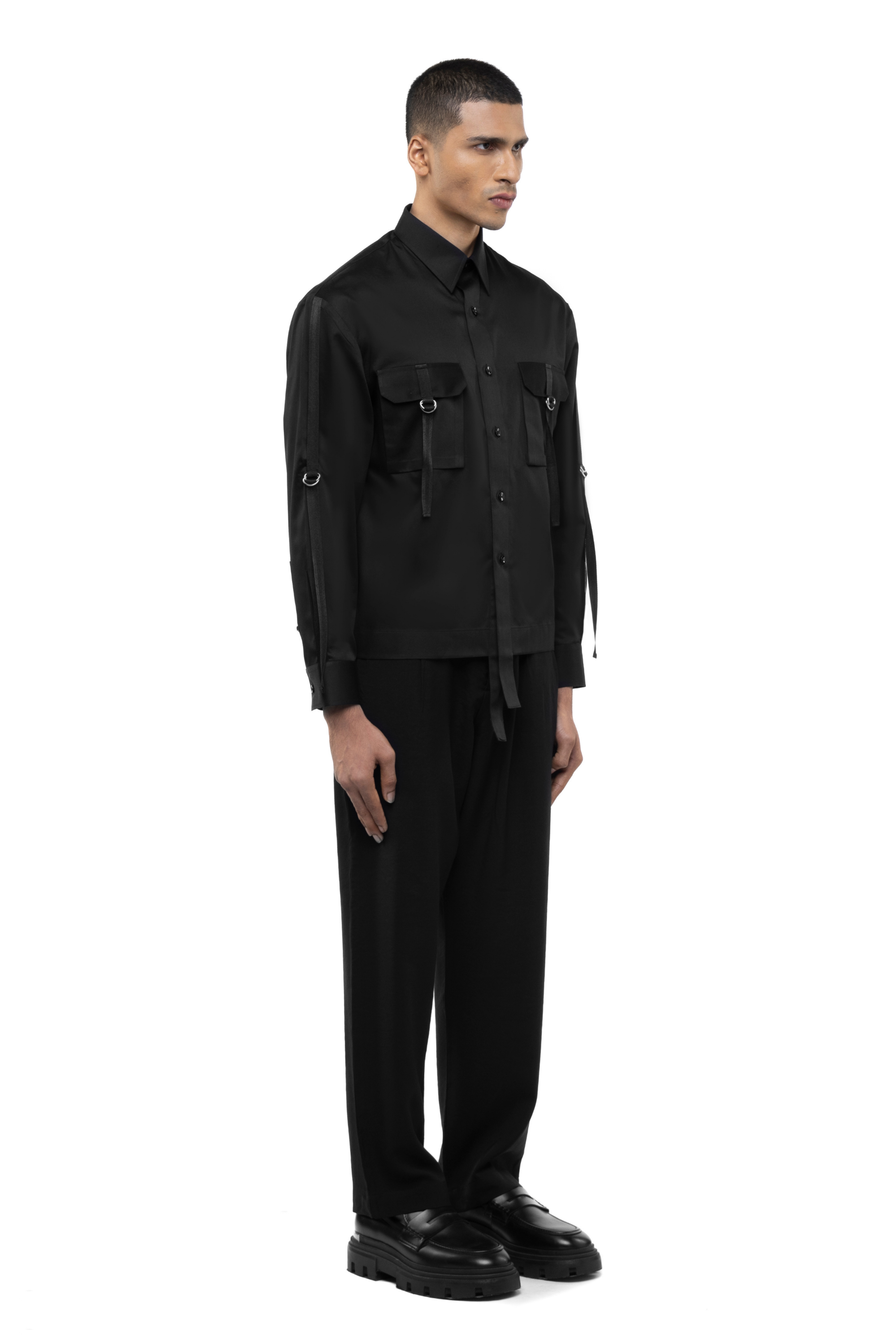 Black Cotton Shirt with Hanging Twill Accents