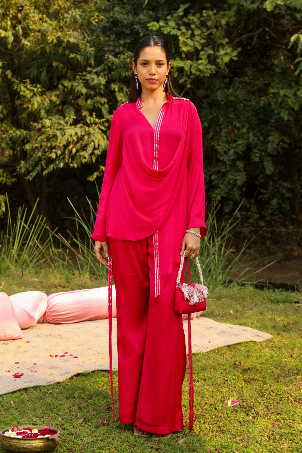 Pink Chiffon Mira Co-ord Set with Cowl Neck & Flared Pants