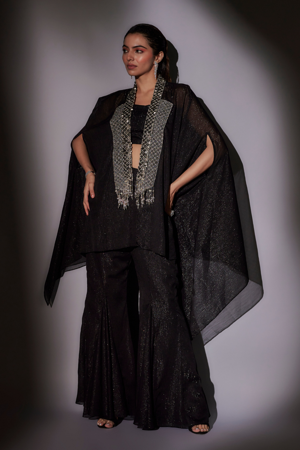 Black Check Embroidered Cape Set with Lurex Bustier & Flared Sharara