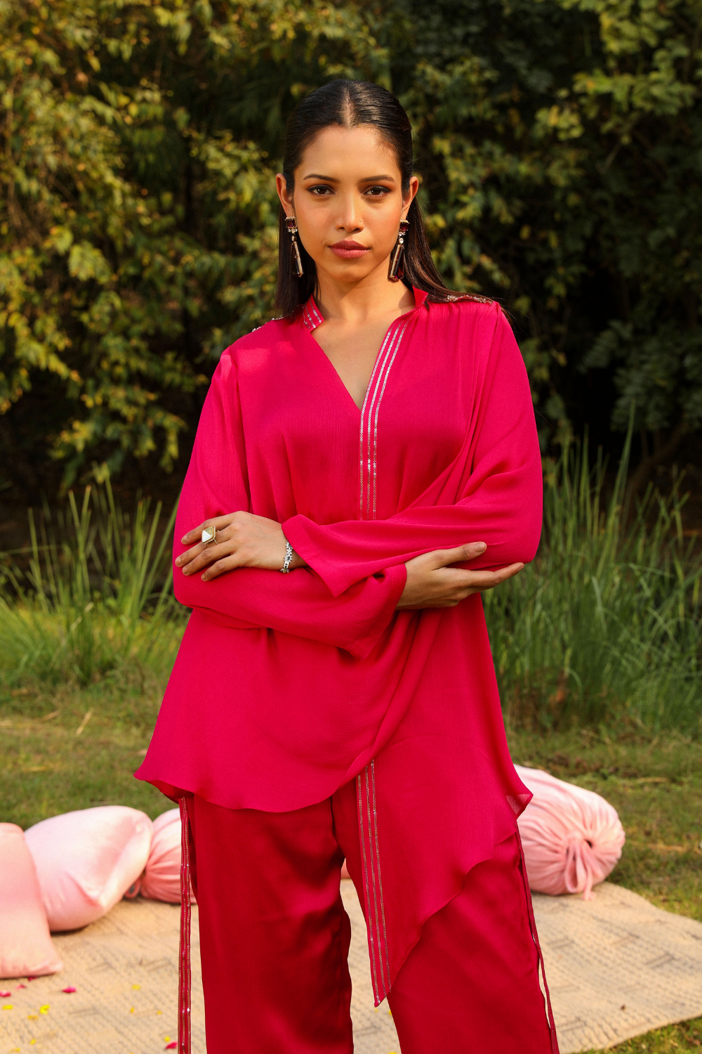 Pink Chiffon Mira Co-ord Set with Cowl Neck & Flared Pants