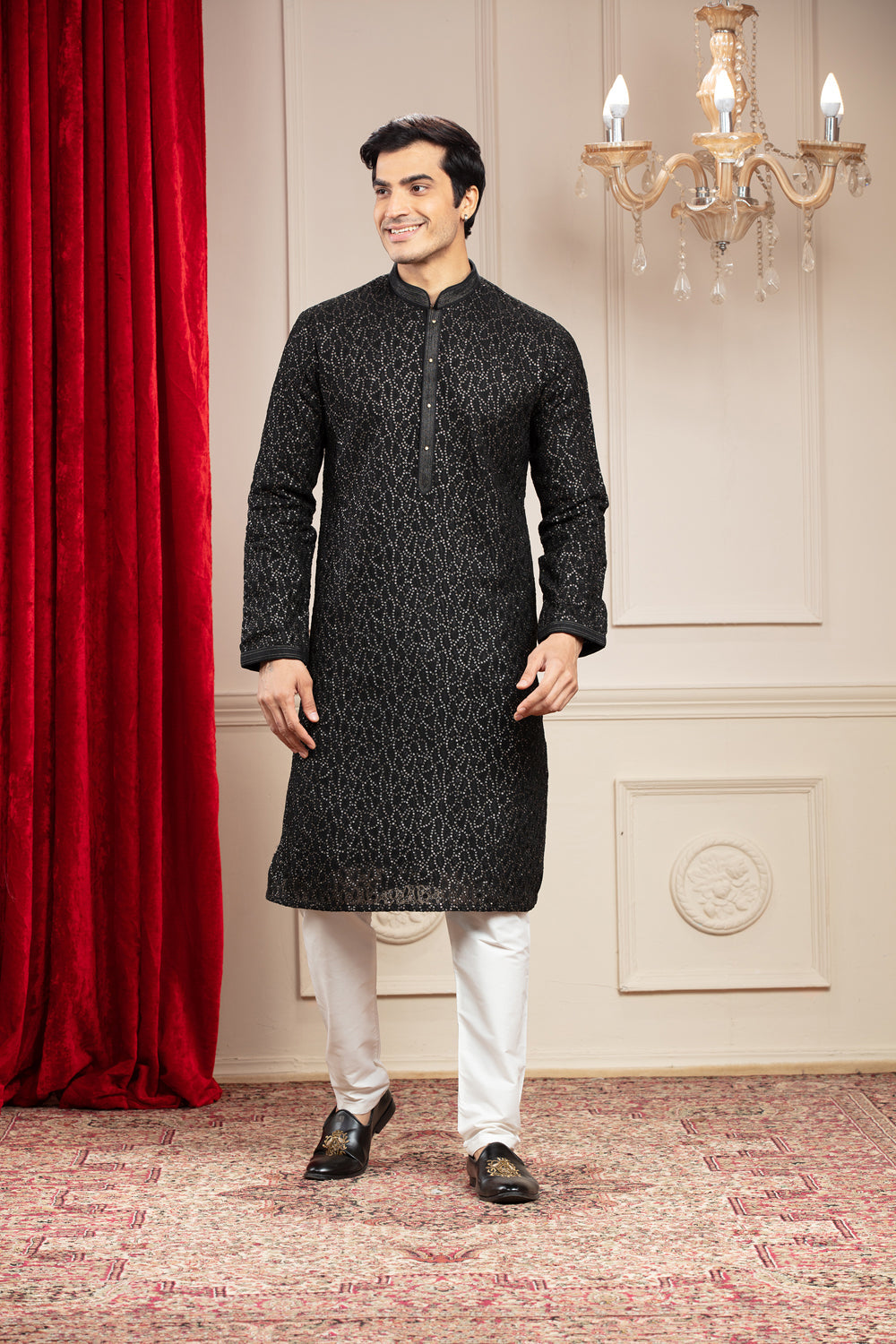 Onyx Black Kurta Pajama Set In Georgette