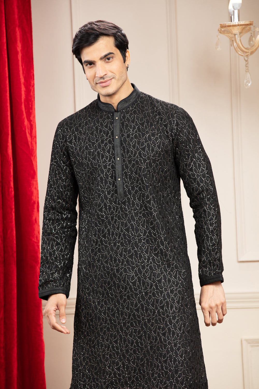 Onyx Black Kurta Pajama Set In Georgette