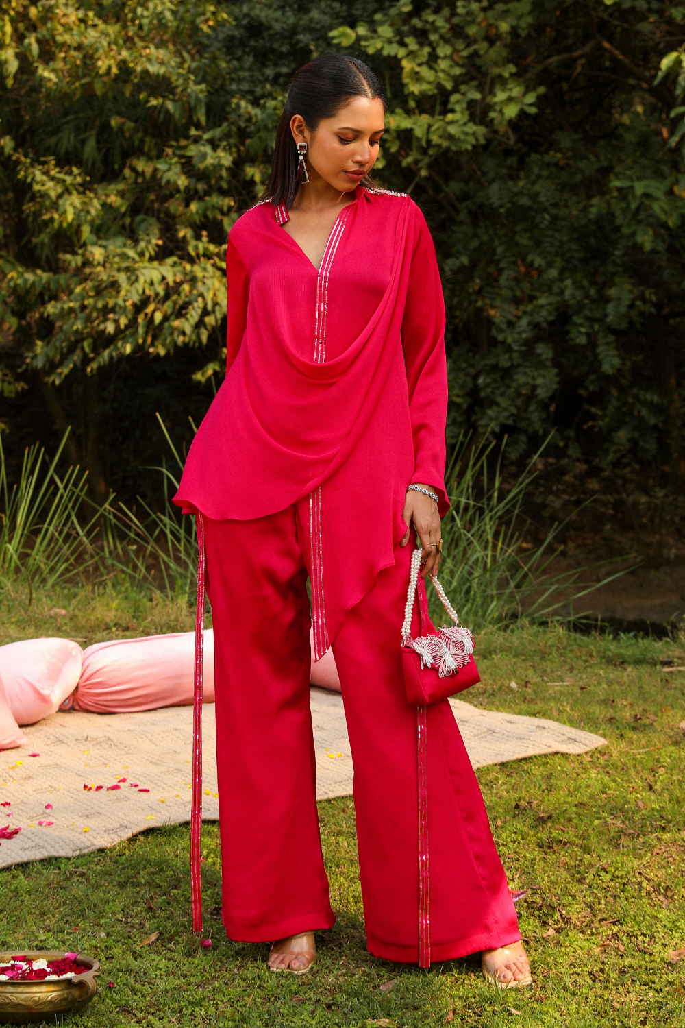 Pink Chiffon Mira Co-ord Set with Cowl Neck & Flared Pants
