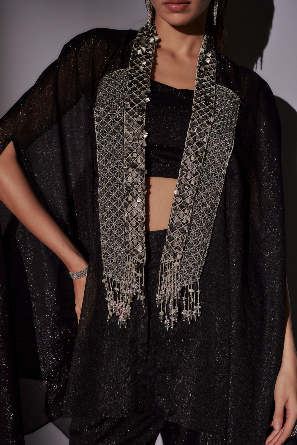 Black Check Embroidered Cape Set with Lurex Bustier & Flared Sharara