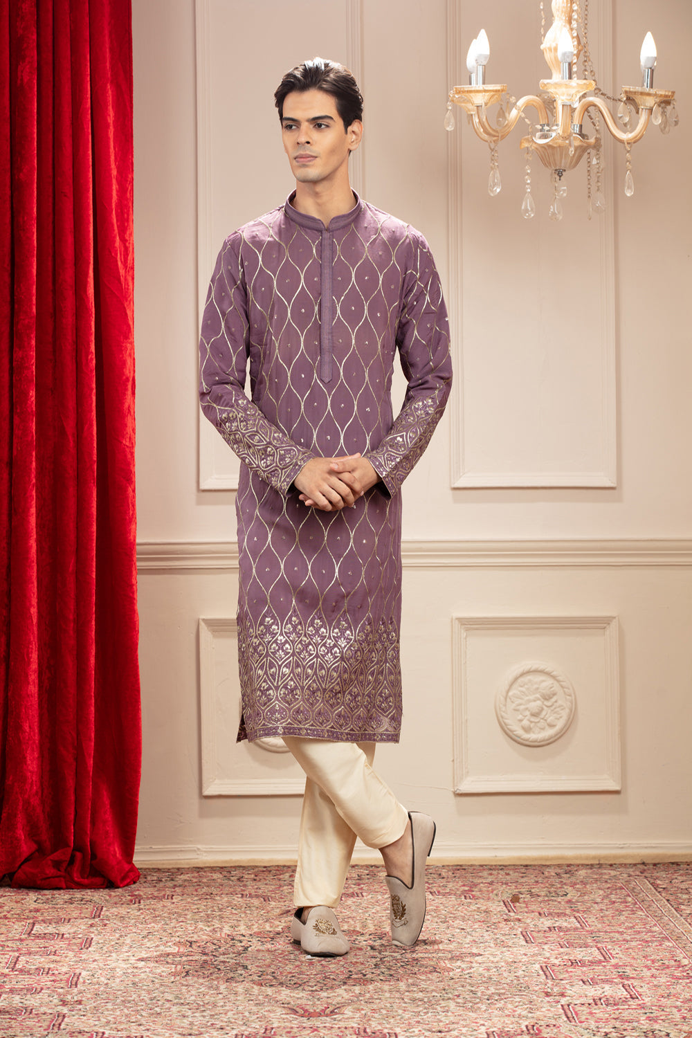 Light Purple Kurta Pajama Set With Sequin Work - Auraya Fashion - Riyaasat Men - #tag1# - #tag2# - #tag3# - #tag3#