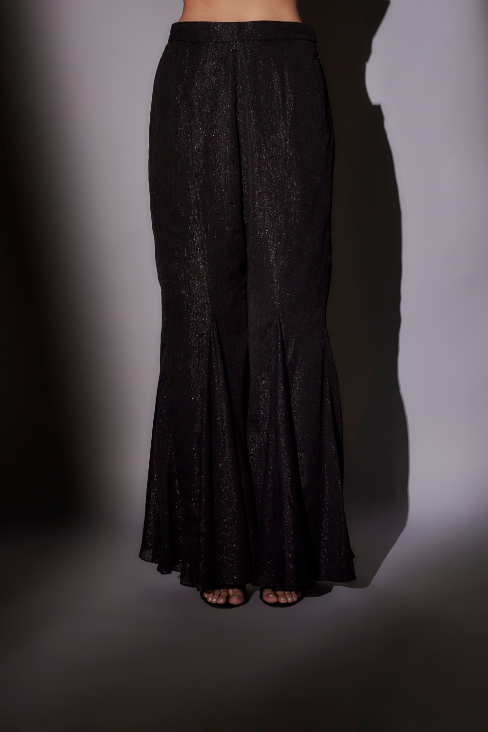 Black Check Embroidered Cape Set with Lurex Bustier & Flared Sharara
