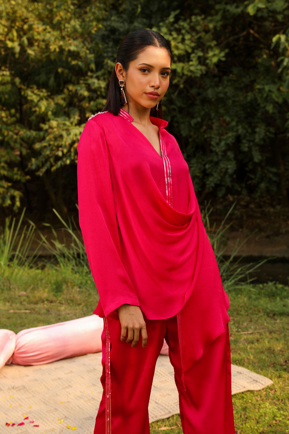 Pink Chiffon Mira Co-ord Set with Cowl Neck & Flared Pants