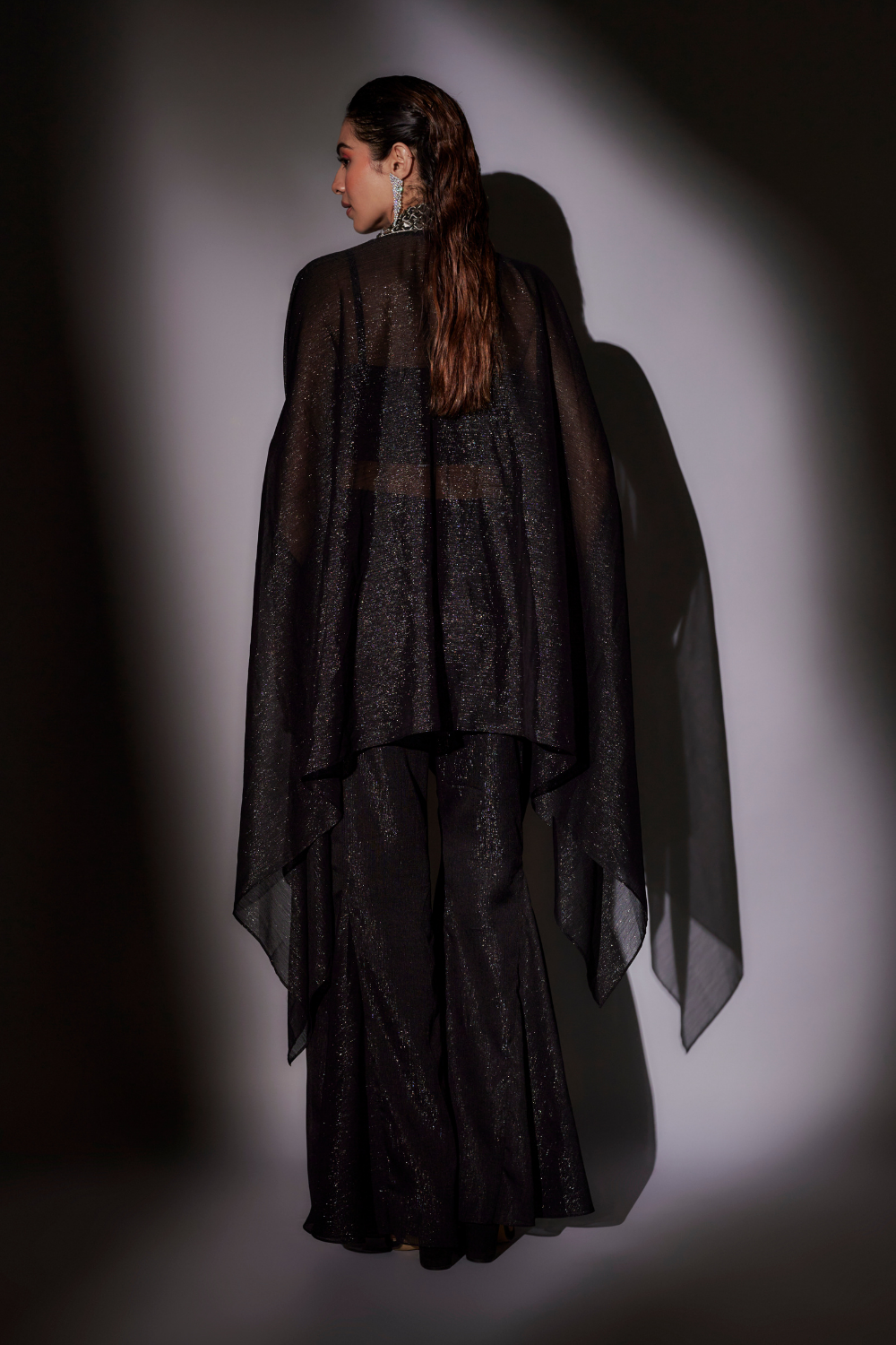 Black Check Embroidered Cape Set with Lurex Bustier & Flared Sharara