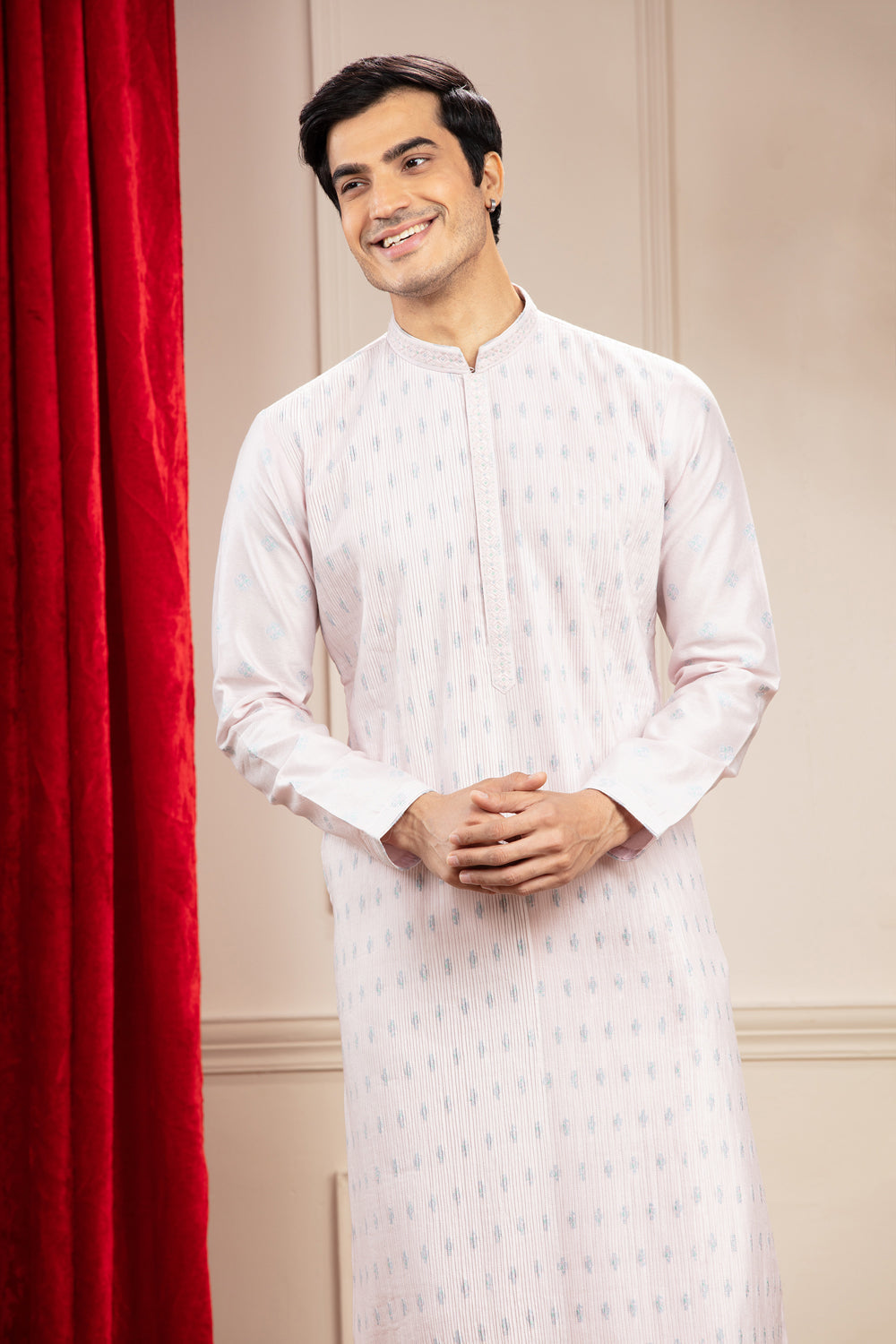 Rose White Pleating Kurta With Mirror Work