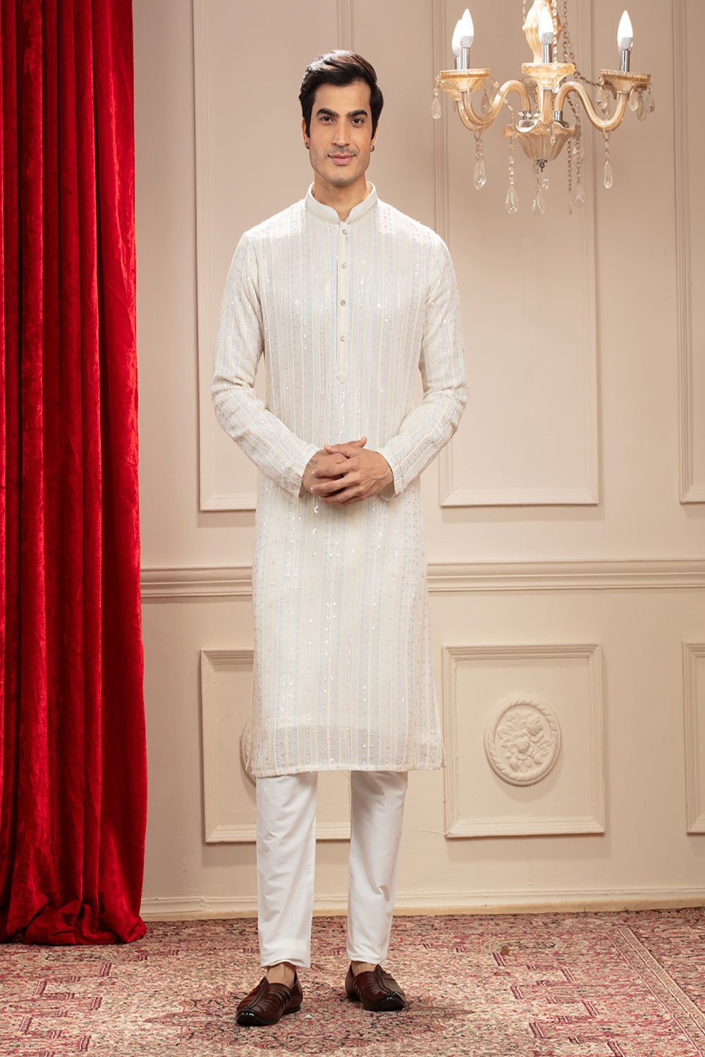 Cream White Kurta Pajama Set With All Over Sequin Work - Auraya Fashion - Riyaasat Men - #tag1# - #tag2# - #tag3# - #tag3#